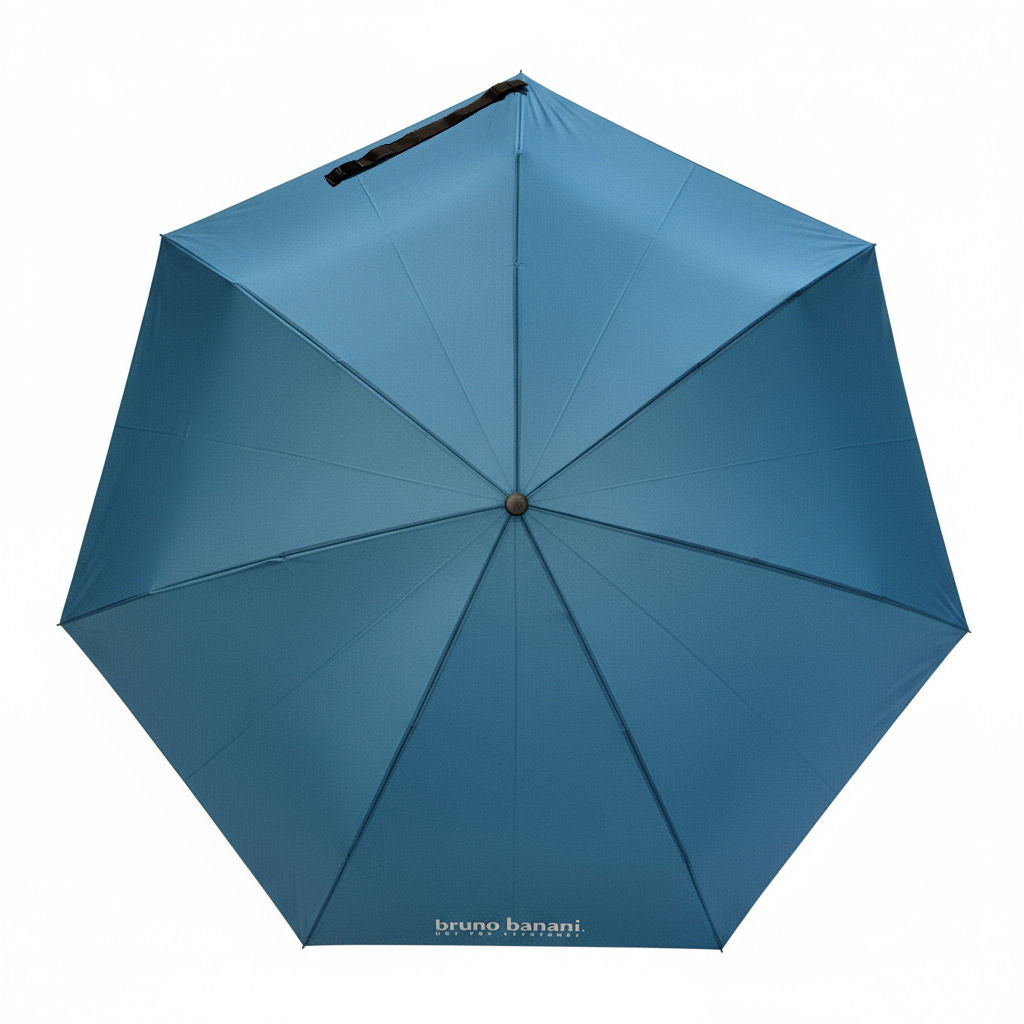bruno banani Regenschirm Shorty – Handöffner, 7-teiliges Gestell, Polyester Pongee, mattierter Griff mit Logodruck, Schirmdach mit schwarzer Borte, Hülle mit Reißverschluss Petrol Silber