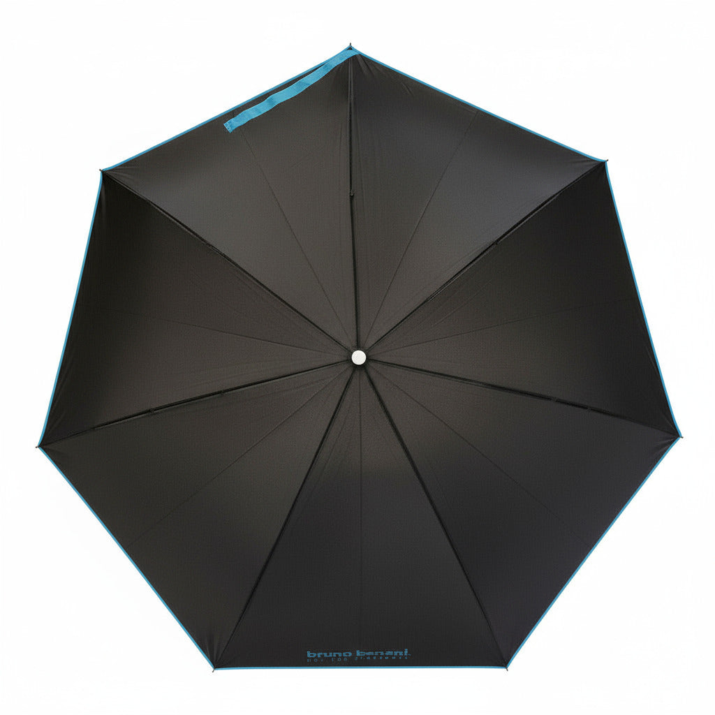 bruno banani Regenschirm Shorty – Handöffner, 7-teiliges Gestell, Polyester Pongee, mattierter Griff mit Logodruck, Schirmdach mit blauer Borte, Hülle mit Reißverschluss Schwarz Aqua