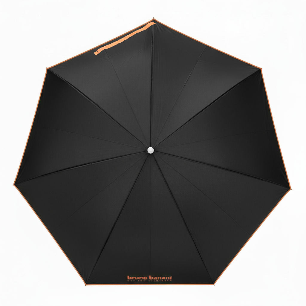 bruno banani Regenschirm Shorty – Handöffner, 7-teiliges Gestell, Polyester Pongee, mattierter Griff mit Logodruck, Schirmdach mit orangener Borte, Hülle mit Reißverschluss Schwarz Orange