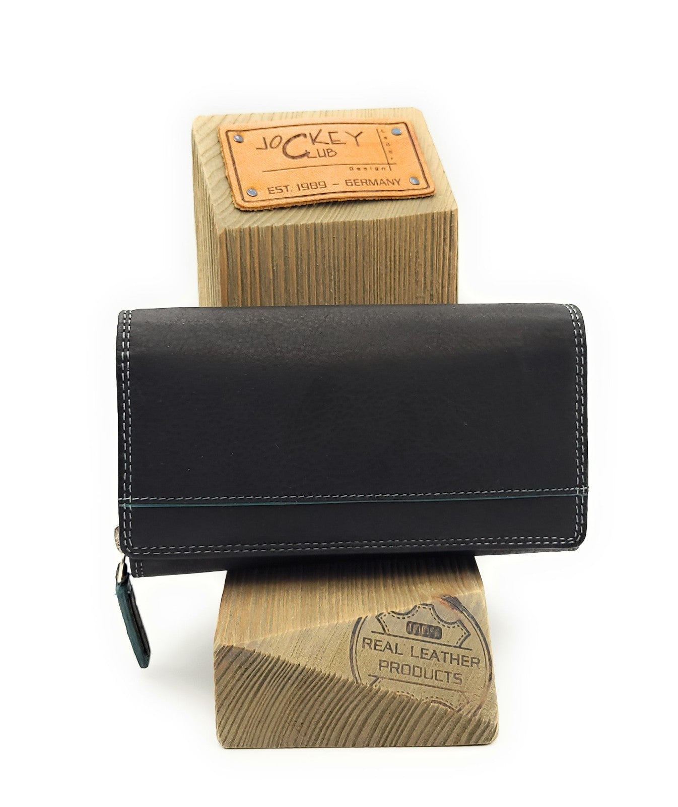 Jockey Club Echt Leder Damen Geldbörse RFID Schutz – Portemonnaie Bicolor Schwarz/Petrol – Viele Fächer, Druckknopf, Reißverschluss, großes Münzfach