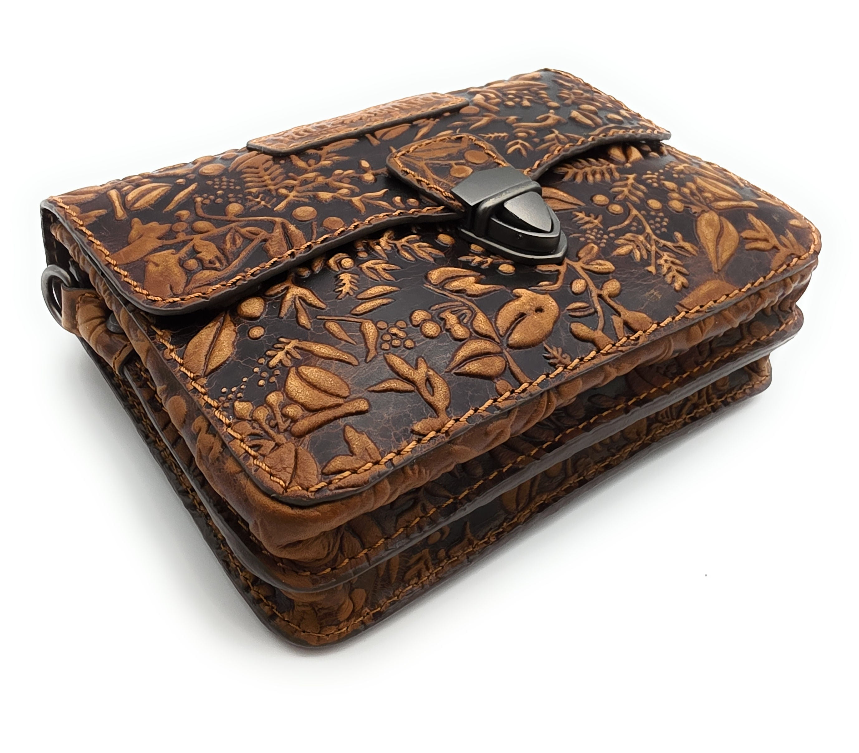 Hill Burry Damen Gürteltasche – Echtleder, floral geprägt, Braun