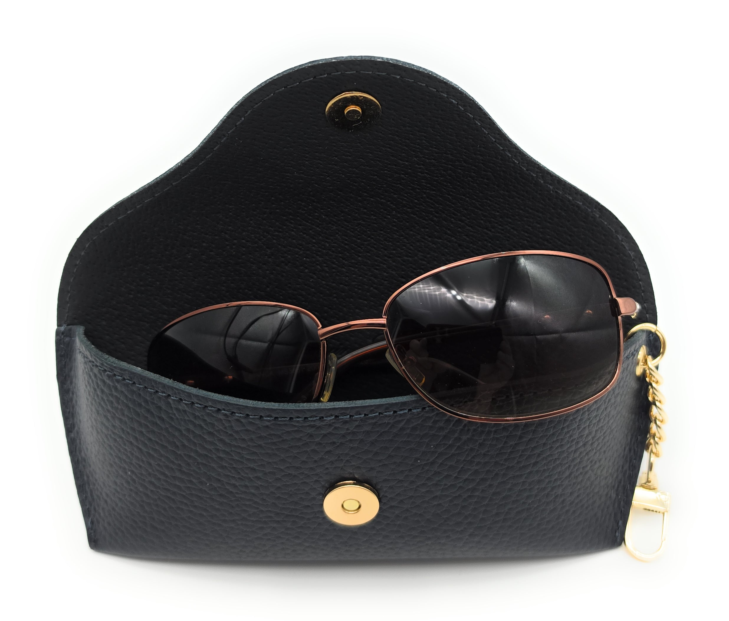 Brillenetui aus echtem Leder mit Magnetverschluss und Karabinerkette – Made in Italy navy