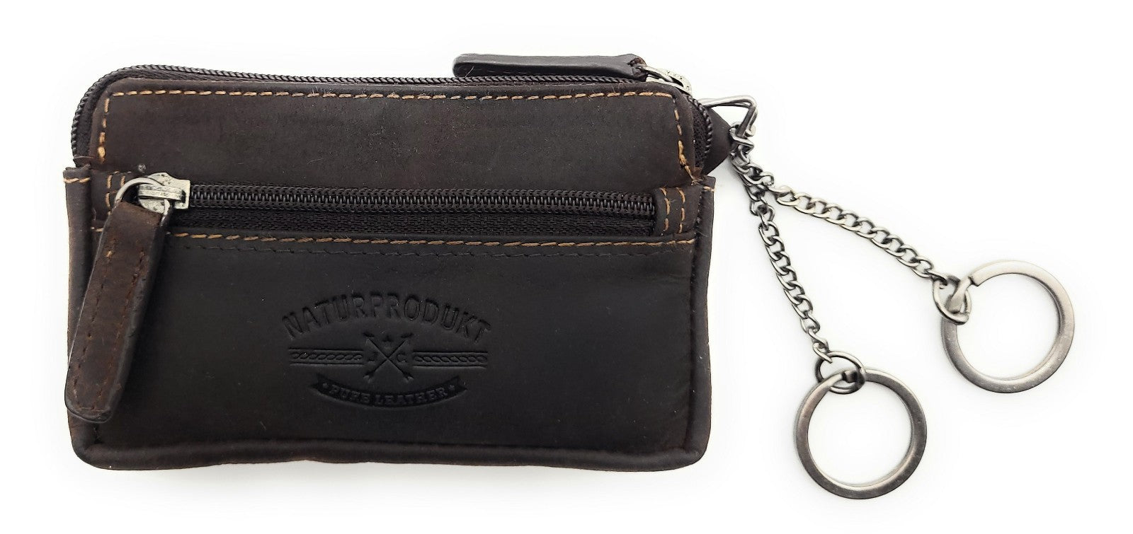 Jockey Club Schlüsseletui aus purem Büffel-Hunter-Leder – ungefüttertes, langlebiges Lederetui mit Reißverschlussfächern und zwei Schlüsselringen dunkelbraun