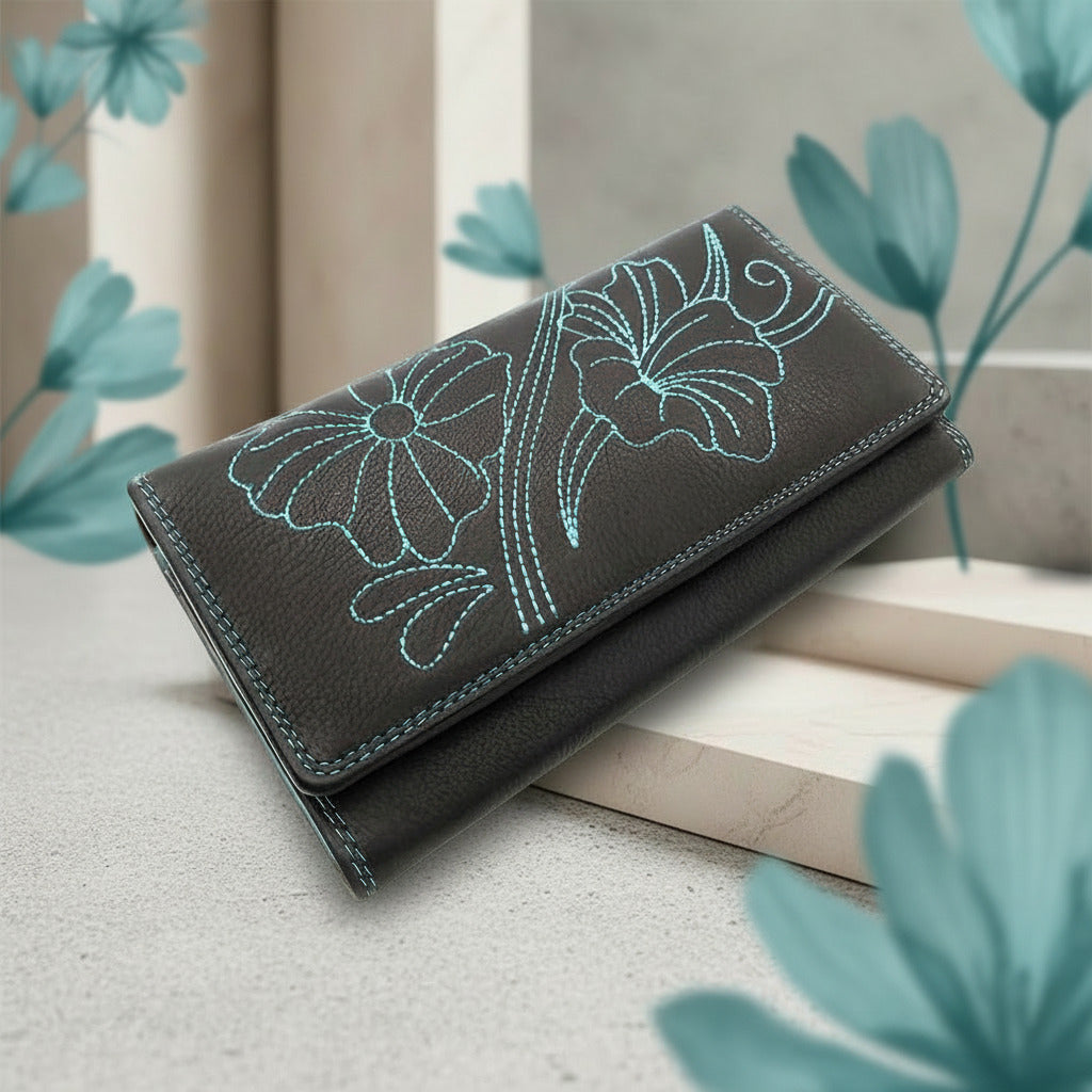 Jockey Club echt Leder Damen Geldbörse Portemonnaie mit RFID Schutz Flower blau