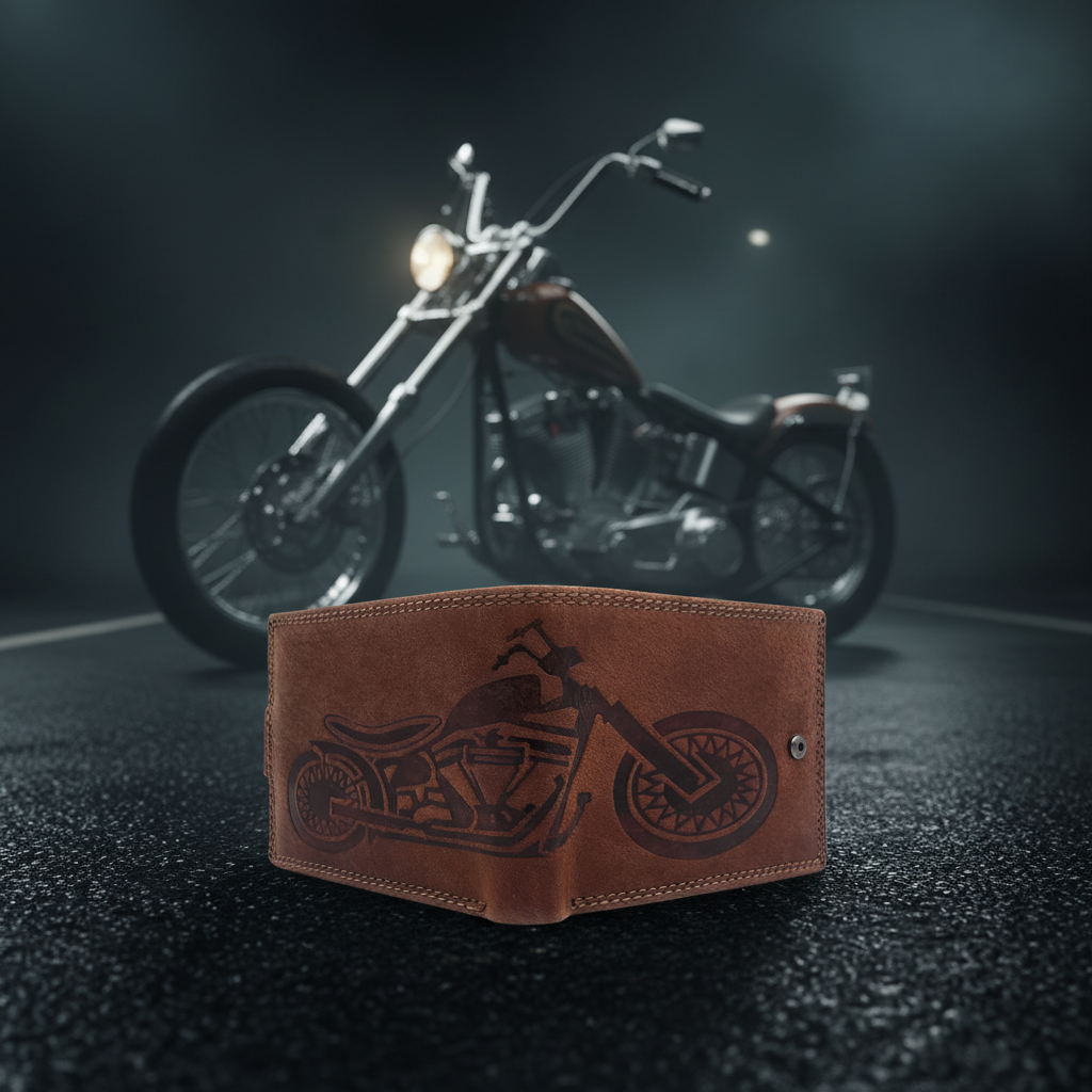 Lemasi Herren Geldbörse | Hunterleder Portemonnaie mit Chopper-Motorrad & RFID-Schutz