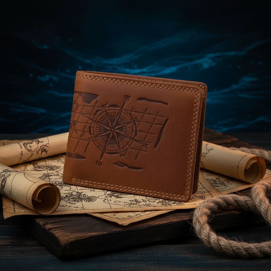 Lemasi Herren Geldbörse | Hunterleder Portemonnaie mit maritimem Design, Anker & Kompass