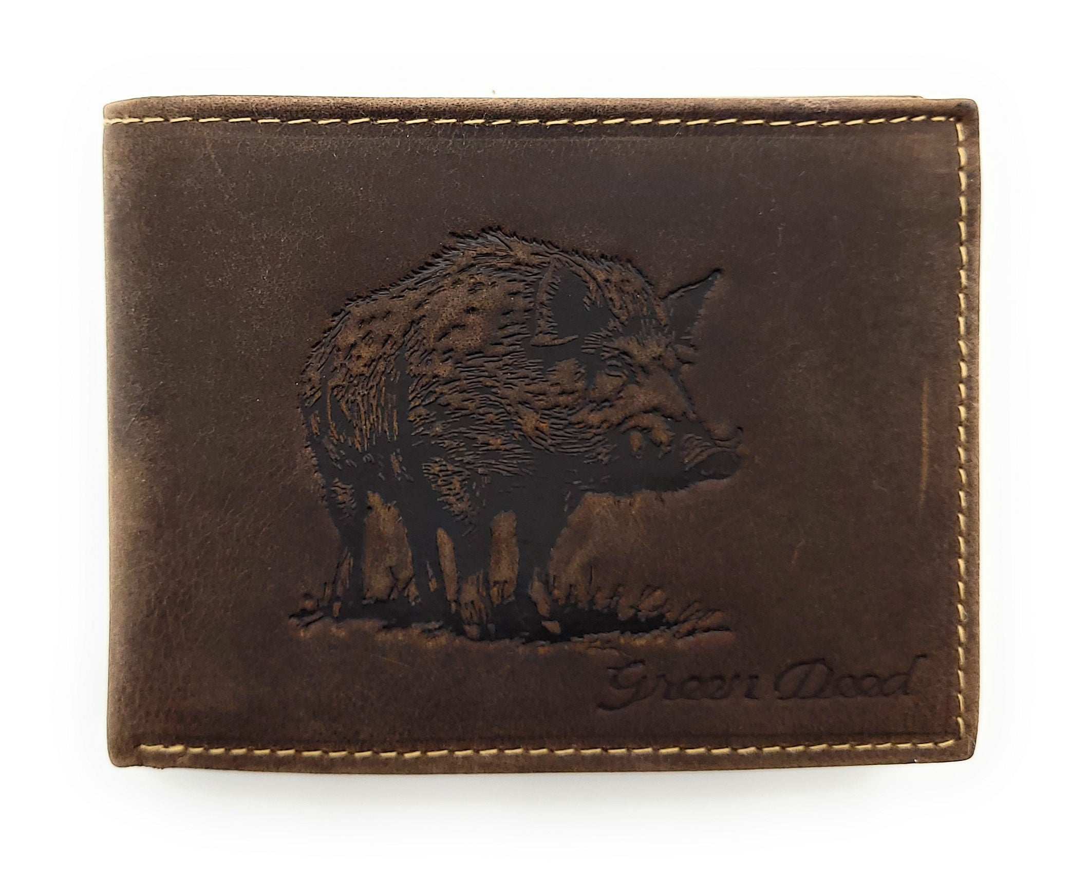 Green Deed kompakte Geldbörse aus Hunterleder – Wildschwein Motiv, dunkelbraun, RFID-Schutz & Geschenkbox