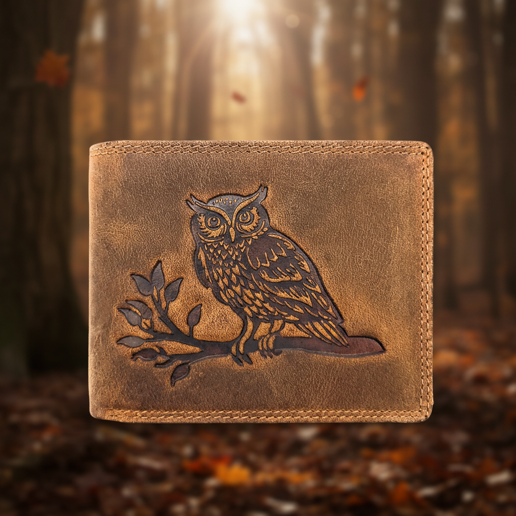 Lemasi Büffelleder Unisex Geldbörse mit Eulen-Prägung - RFID Schutz - 16 Fächer - Hunterleder Querformat