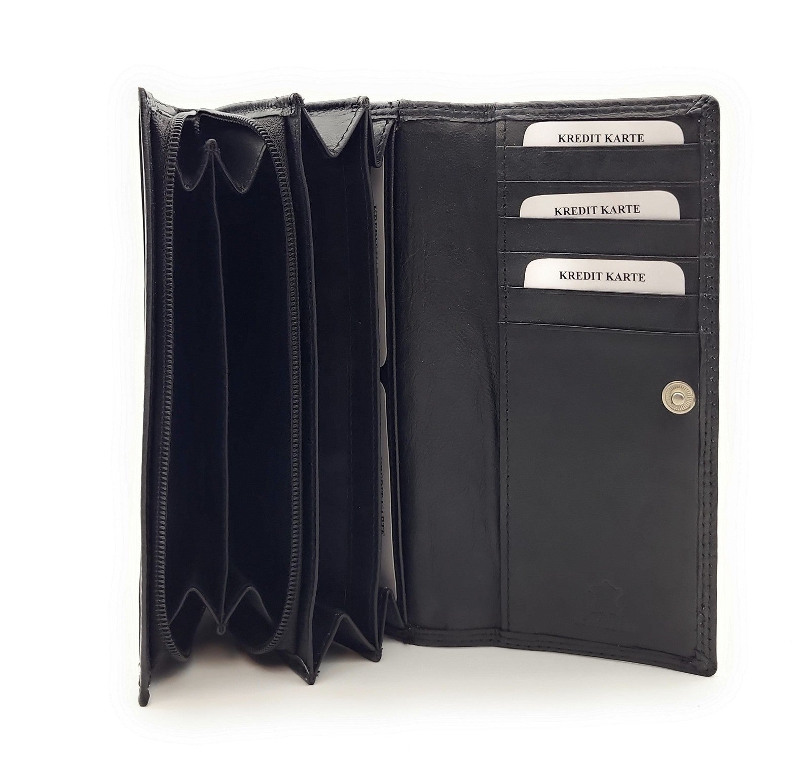Große Damen Geldbörse aus Echtleder mit RFID-Schutz, 18 Kartenfächer, Langformat mit Münzfach & Doppelnaht schwarz