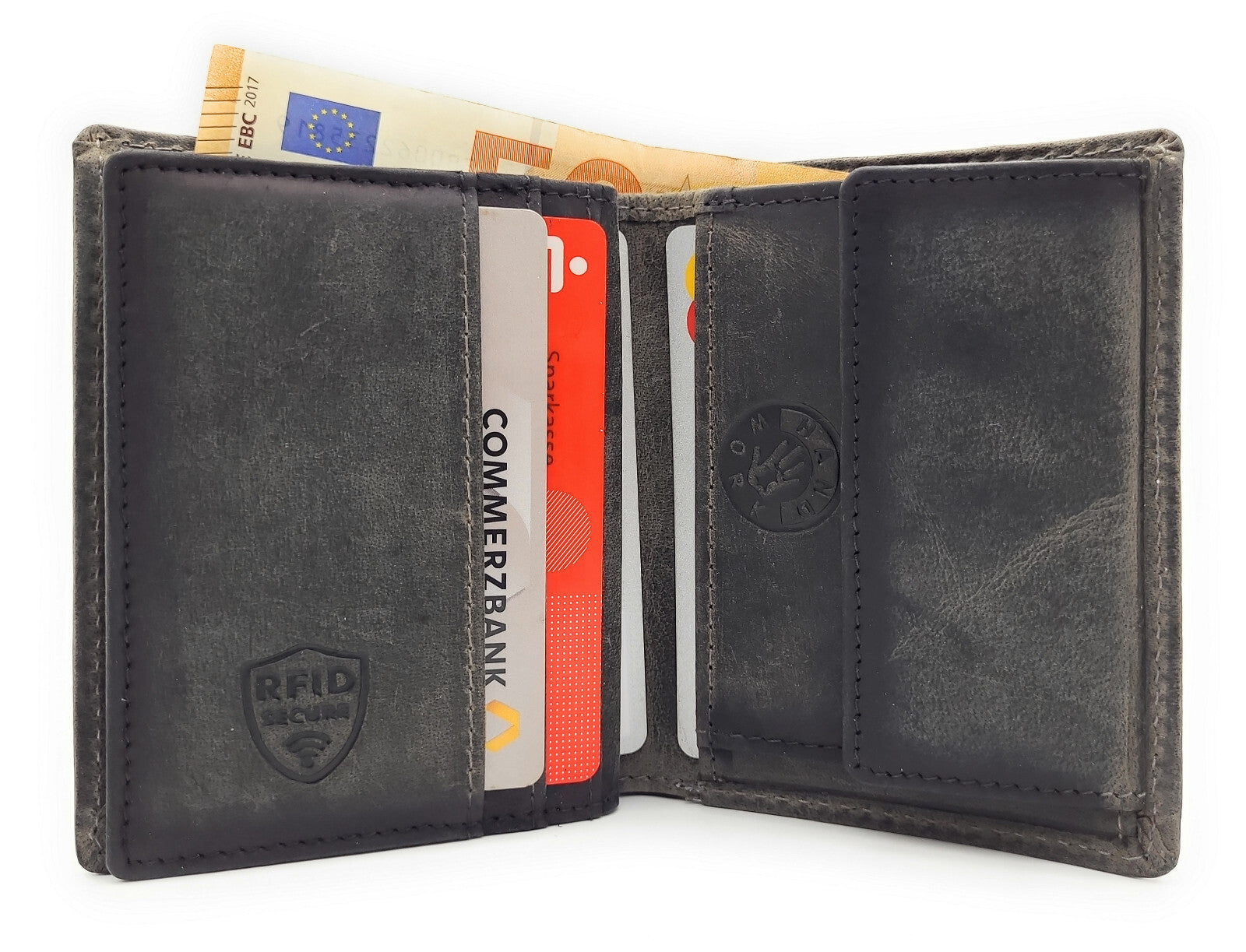 Jockey Club Mini-Geldbörse aus Büffelleder mit LKW-Prägung, RFID-Schutz & Öse für Kette – kompakt & robust grau