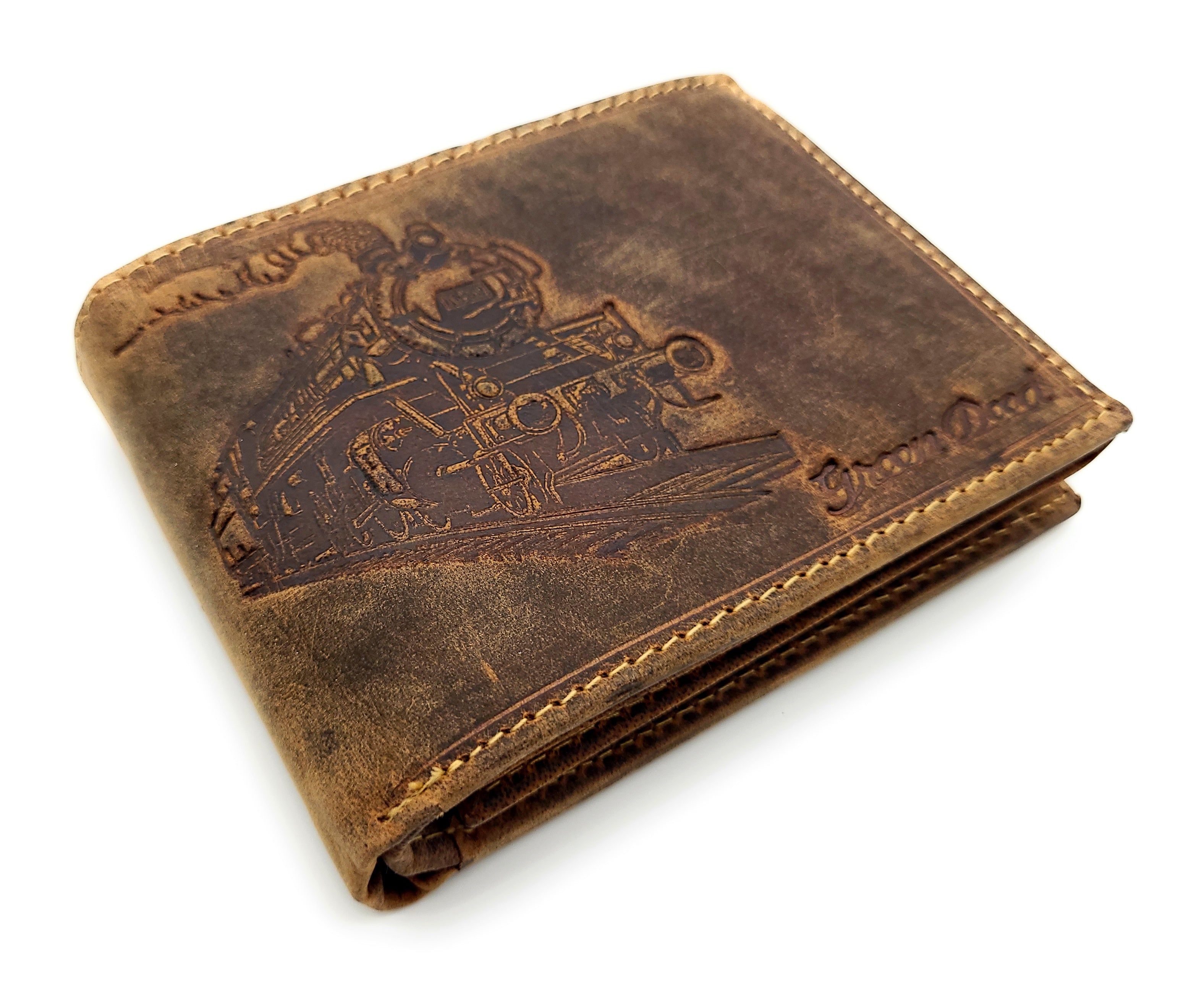 Green Deed Geldbörse aus Hunterleder – Dunkelbraun mit geprägtem Dampflok-Motiv, RFID-Schutz & Geschenkbox