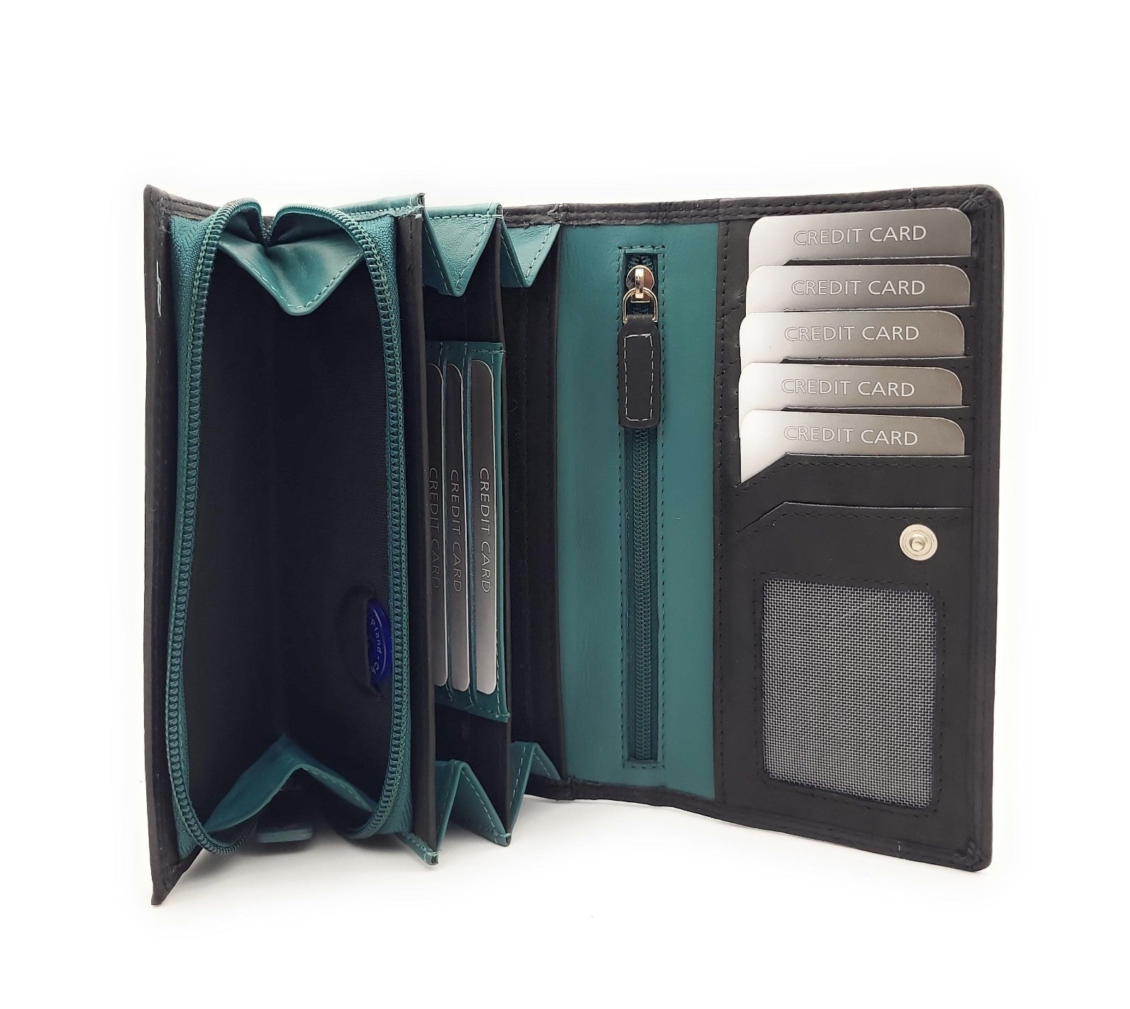 Jockey Club Echt Leder Damen Geldbörse RFID Schutz – Portemonnaie Bicolor Schwarz/Petrol – Viele Fächer, Druckknopf, Reißverschluss, großes Münzfach