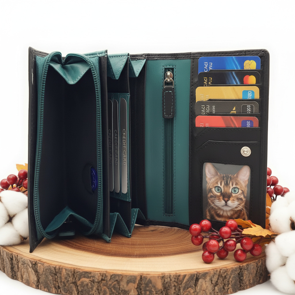 Jockey Club Echt Leder Damen Geldbörse RFID Schutz – Portemonnaie Bicolor Schwarz/Petrol – Viele Fächer, Druckknopf, Reißverschluss, großes Münzfach