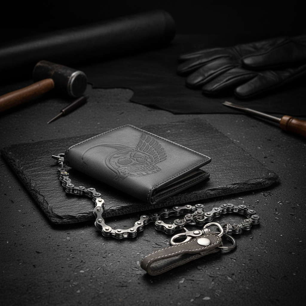 Jockey Club Biker Leder Geldbörse massive Fahrrad-Kette Portemonnaie Totenkopf RFID Schutz