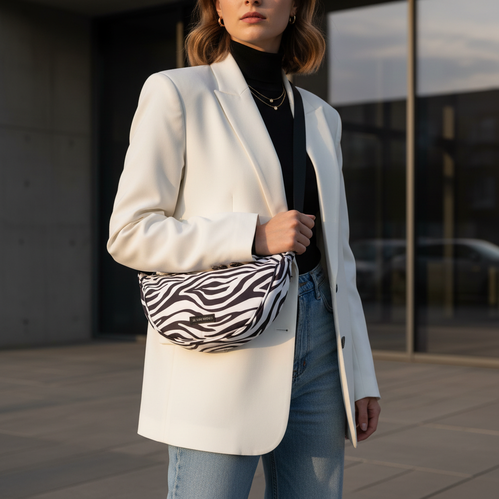 New Rebels Moonbag „Stay Wild" – Crossbody-Tasche mit Zebra-Print, Nylon, 32 × 16 cm