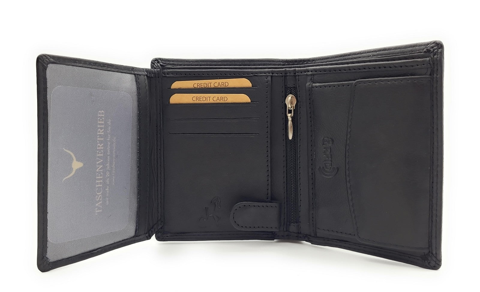 Jockey Club Basic Geldbörse aus Rindleder mit RFID-Schutz, Reißverschlussfach, 6 Kartenfächern, 2 Sicht- & 2 Einsteckfächern, Münzfach & Doppelnaht schwarz