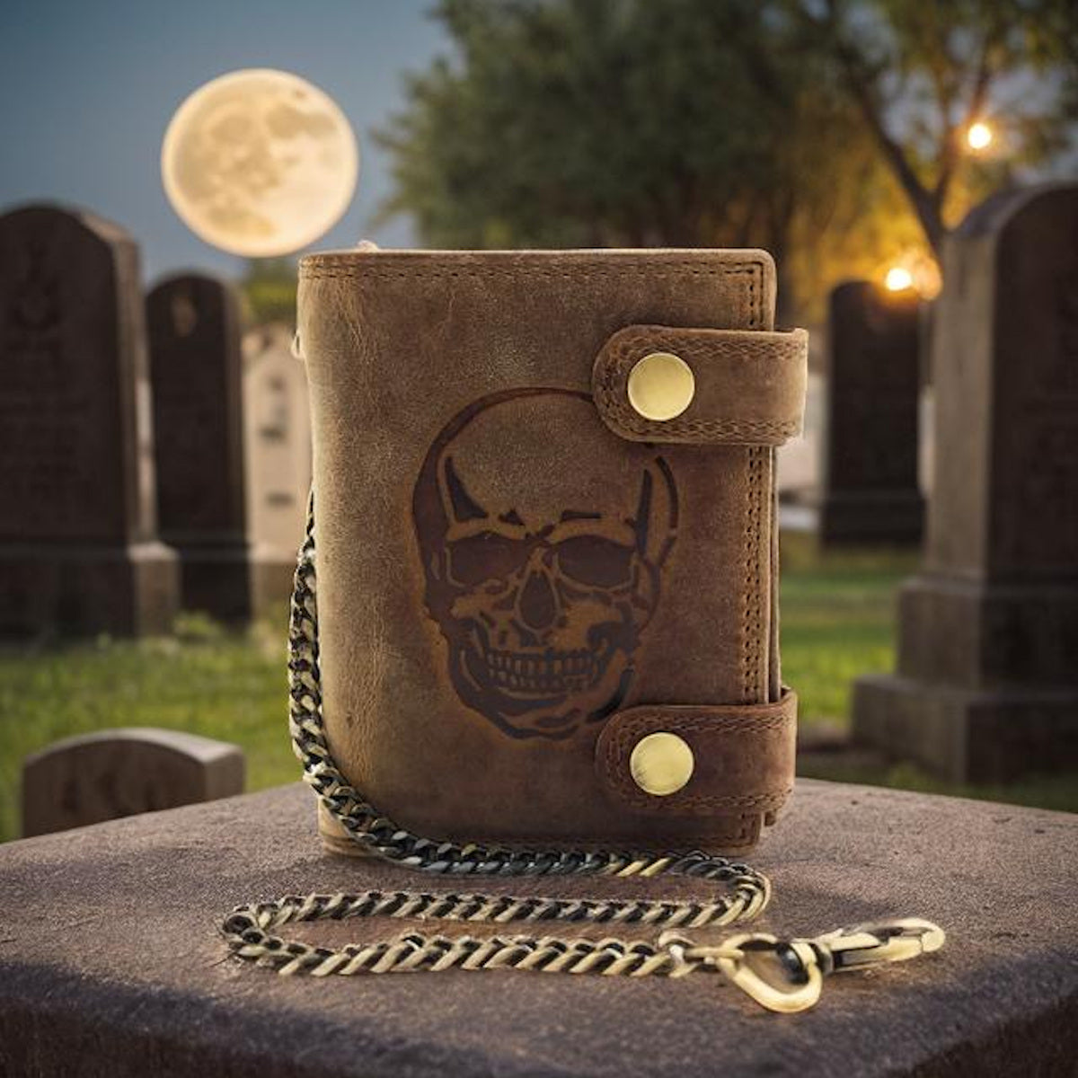 Biker Geldbörse mit Kette RFID Schutz Hunterleder Portemonnaie Skull Totenkopf braun