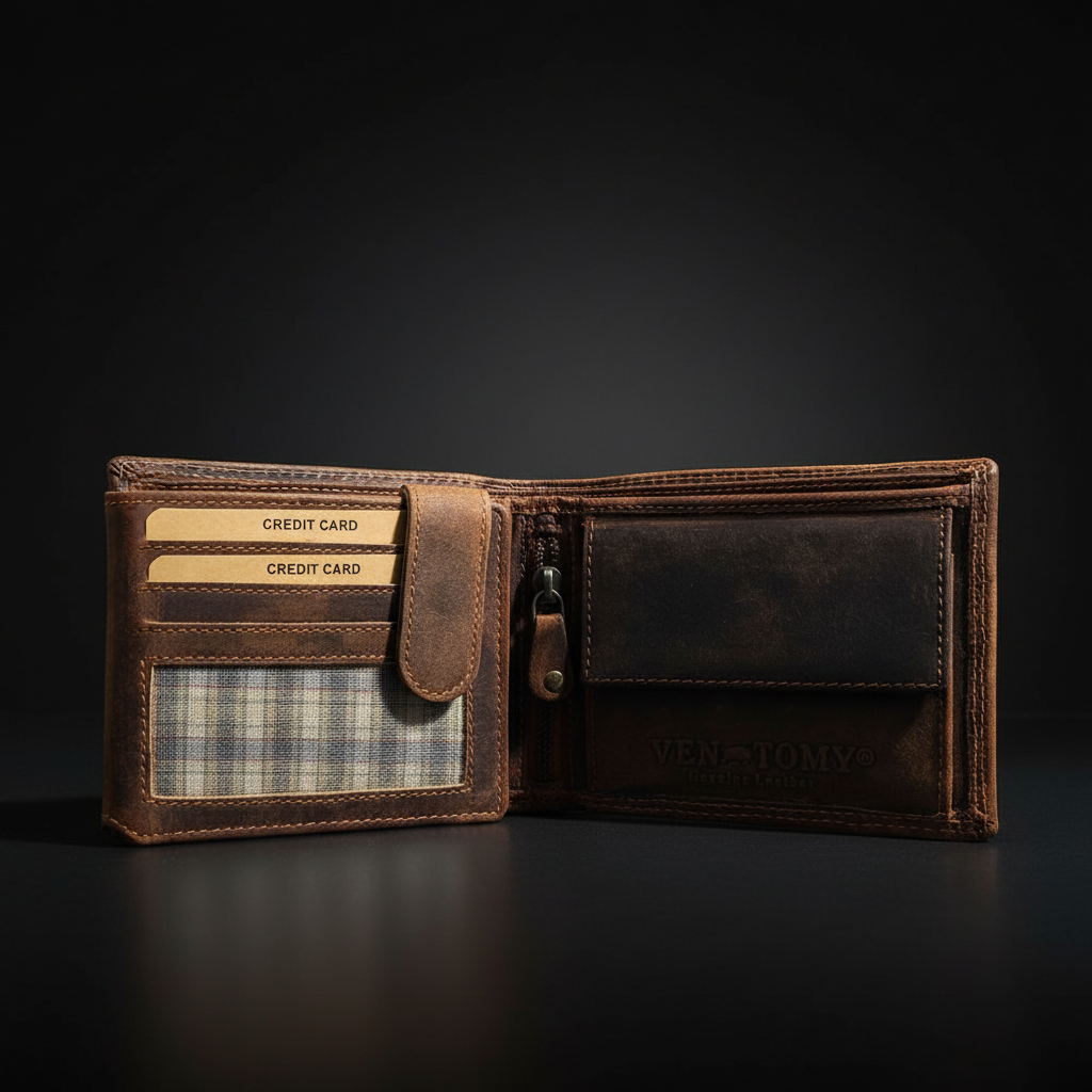 Ven Tomy Geldbörse aus Büffelleder mit RFID Schutz, Geheimfach & Reißverschlussfach – Herren Portemonnaie