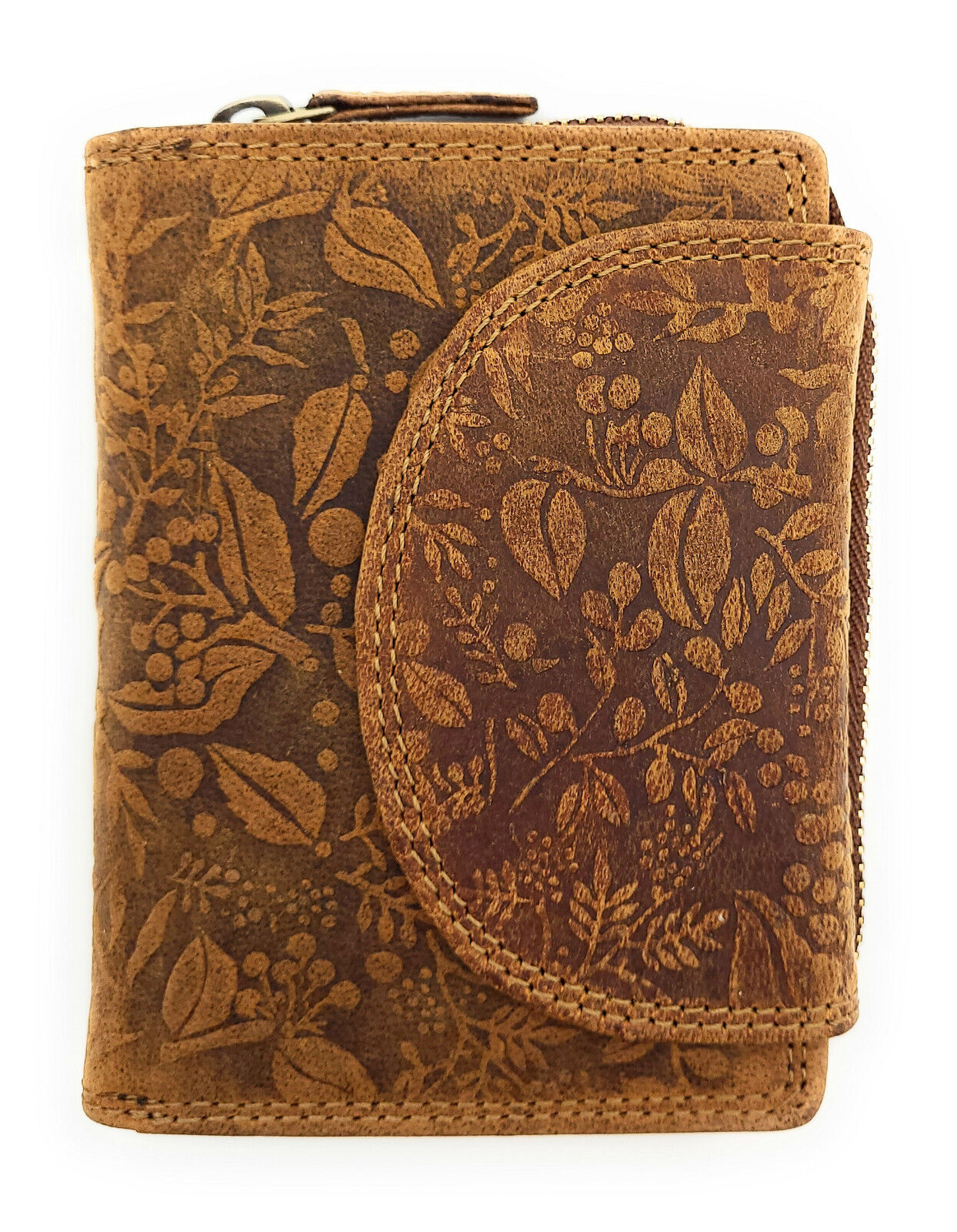 echt Leder  Damen Geldbörse Portemonnaie 15 Kartenfächer florale Prägung braun
