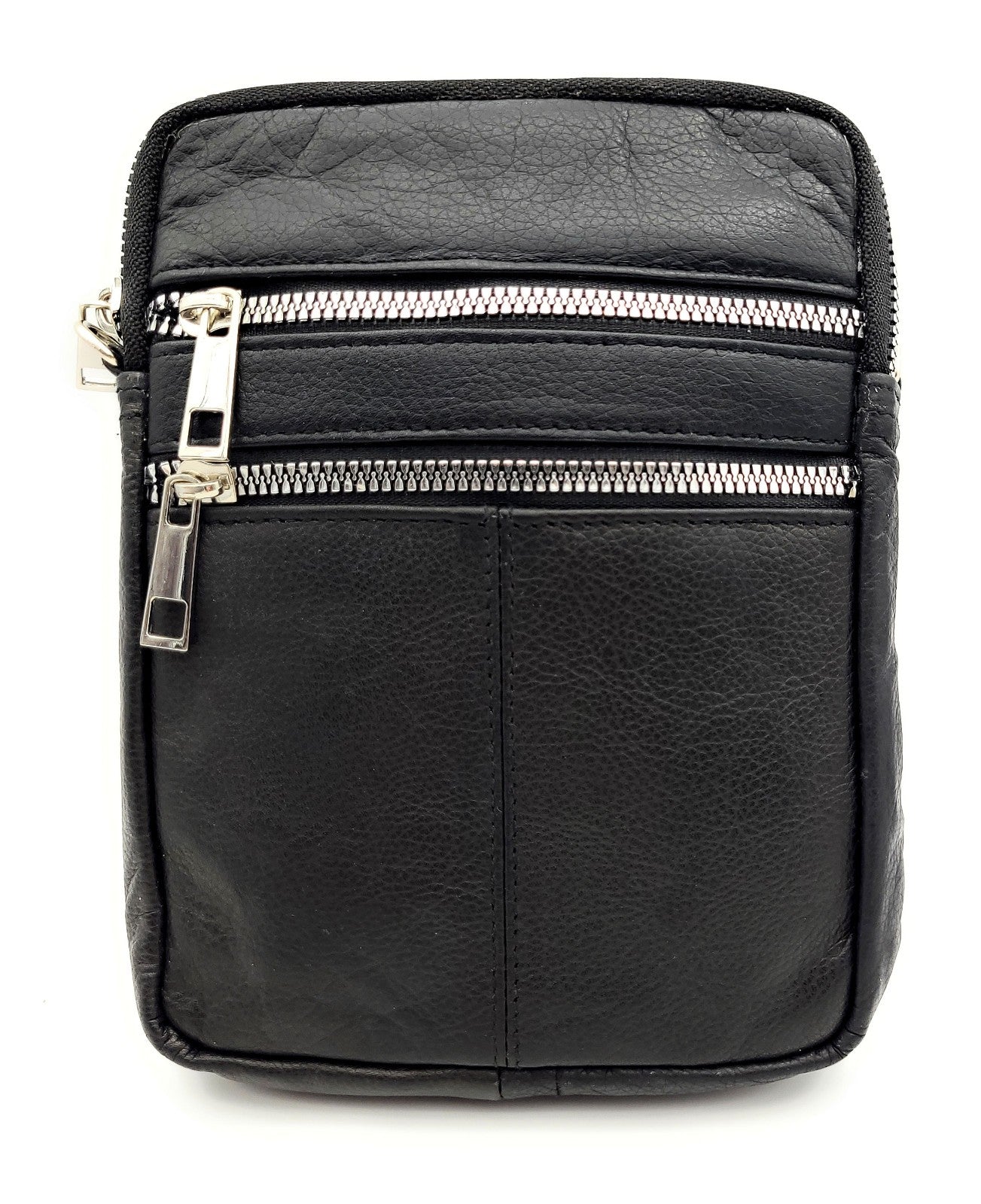 Unisex Umhängetasche aus schwarzem Nappaleder mit silbernen Reißverschlüssen