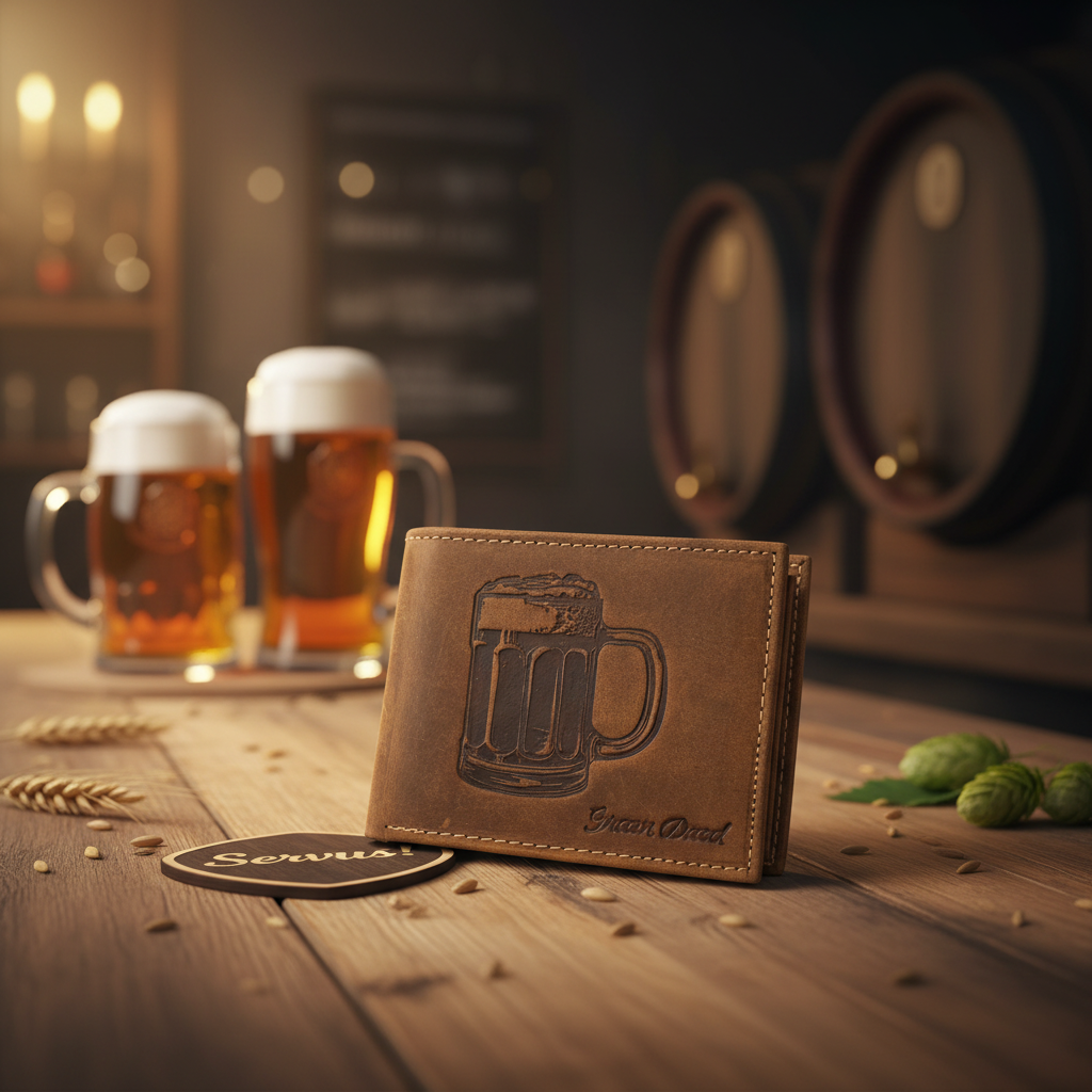 Green Deed Geldbörse aus Hunterleder – Dunkelbraun mit geprägtem Bierkrug-Motiv, RFID-Schutz & Geschenkbox