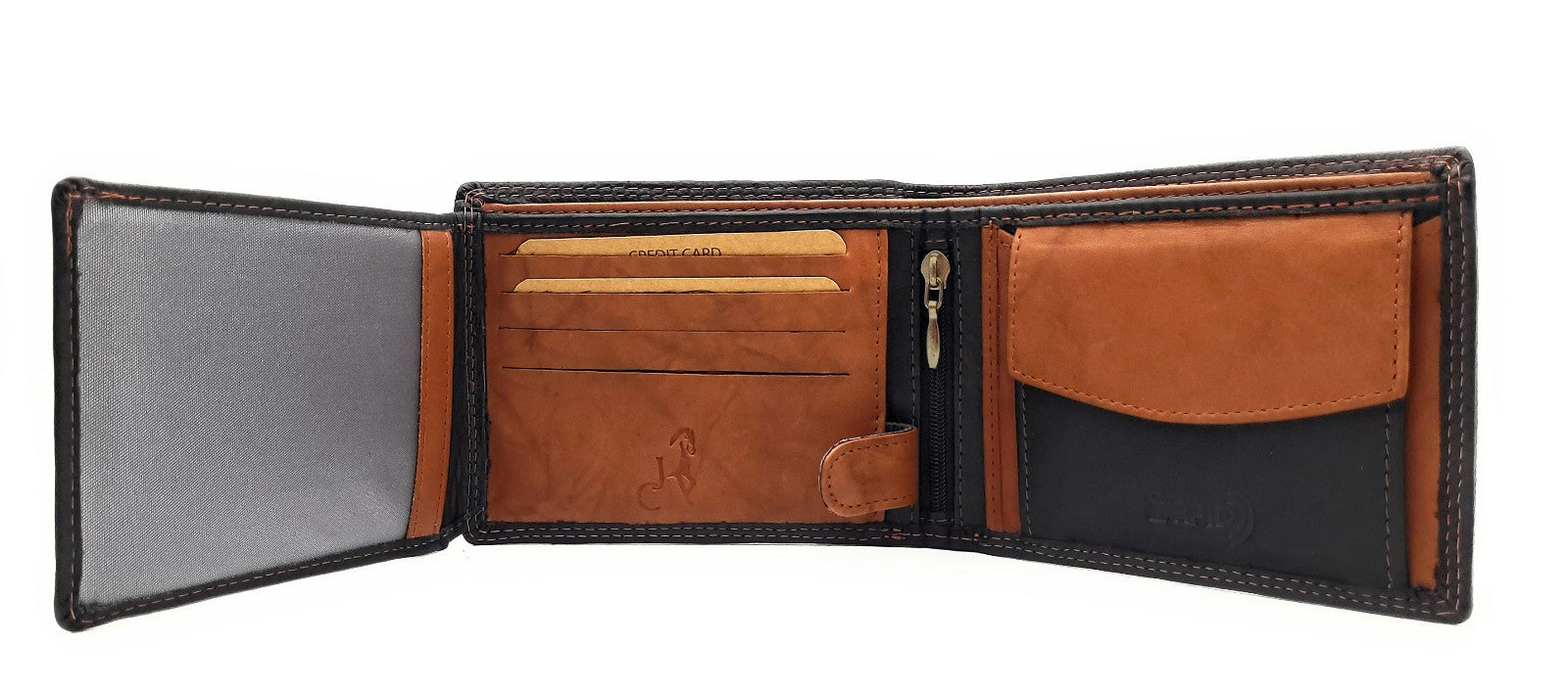 Jockey Club Basic Geldbörse aus Rindleder mit RFID-Schutz, Reißverschlussfach, 6 Kartenfächern, 2 Sicht- & 2 Einsteckfächern, Münzfach & Doppelnaht schwarz braun
