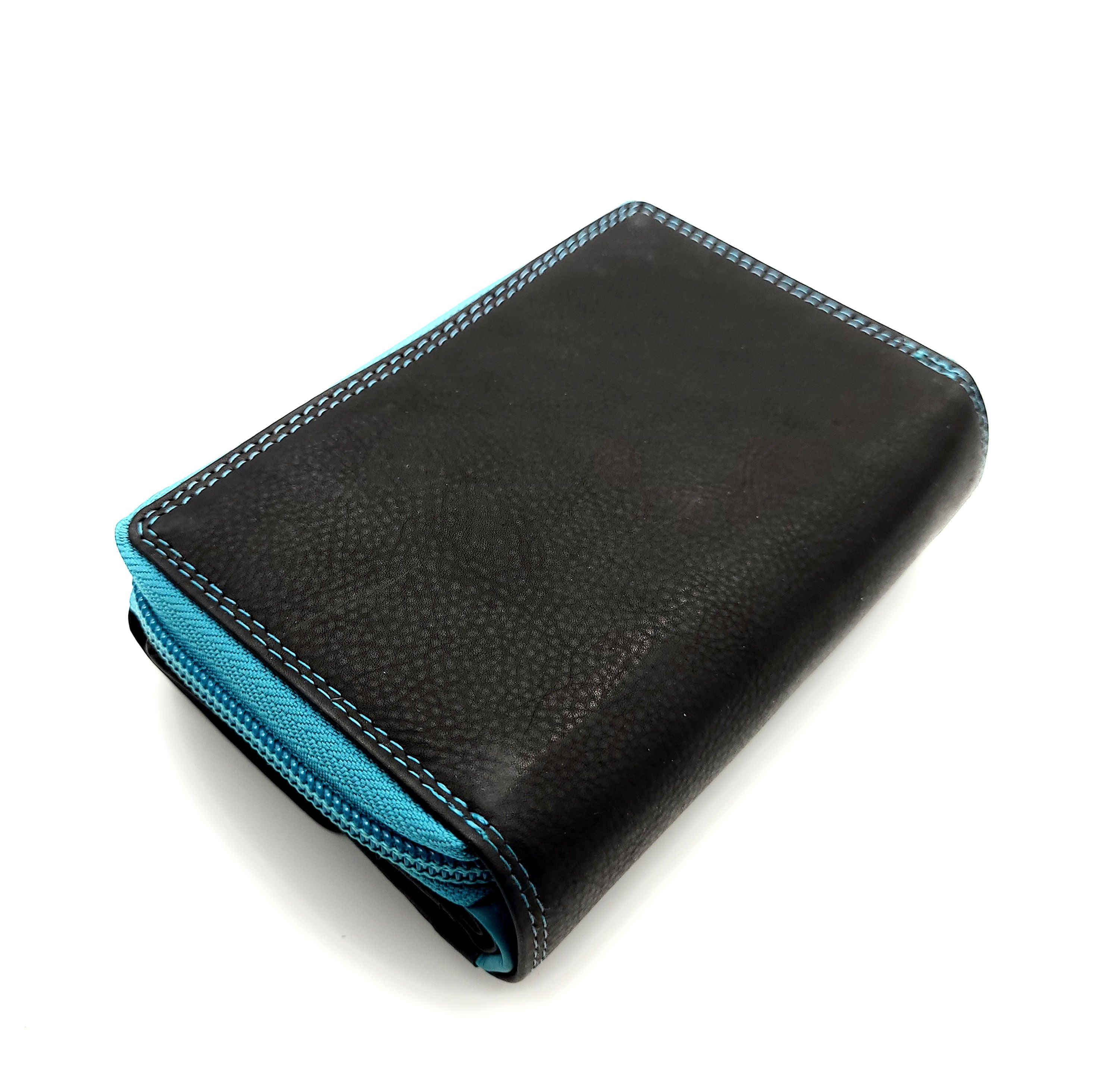 Jockey Club Leder-Geldbörse mit RFID-Schutz – Triangel-Design schwarz-türkis