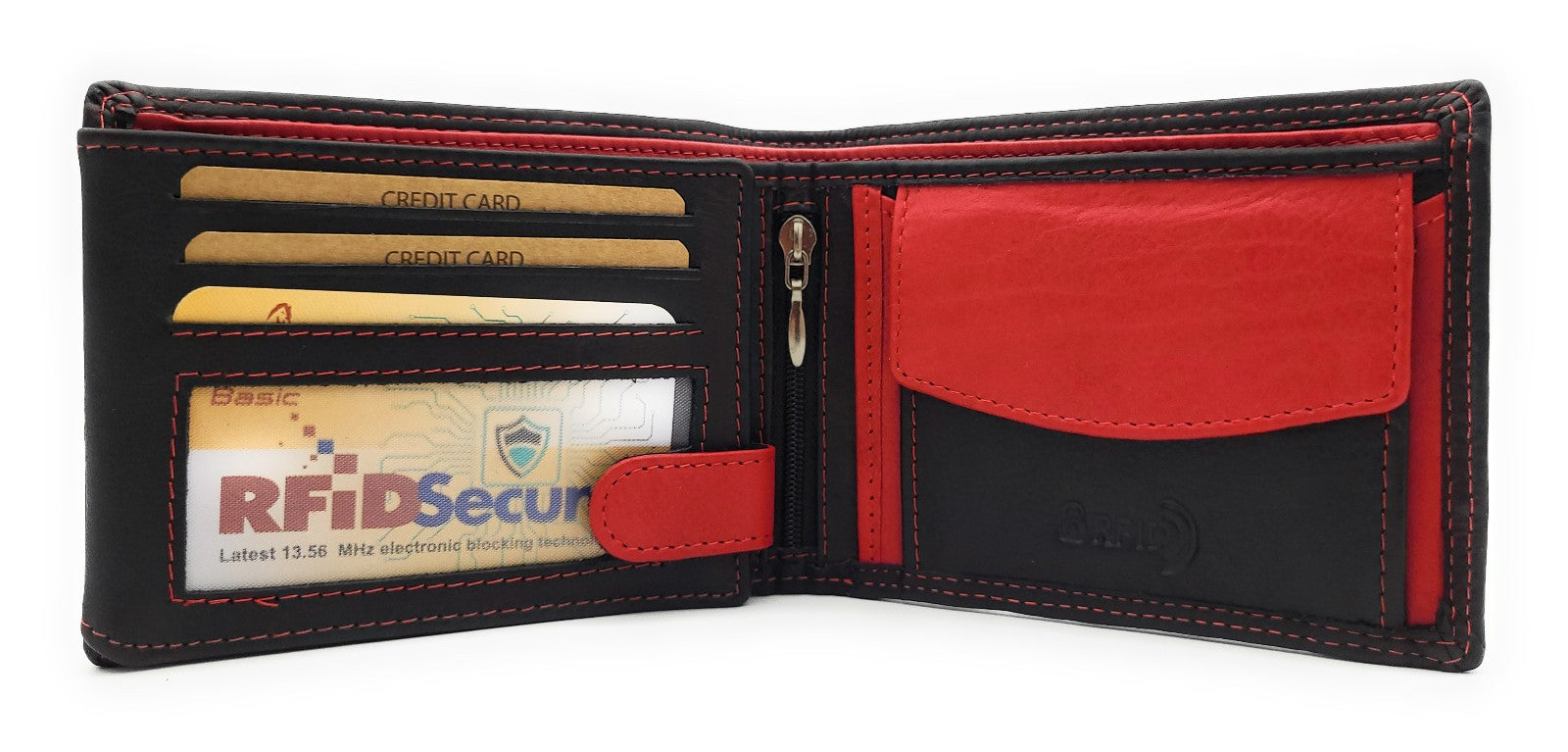 Jockey Club Basic Geldbörse aus Rindleder mit RFID-Schutz, Reißverschlussfach, 6 Kartenfächern, 2 Sicht- & 2 Einsteckfächern, Münzfach & Doppelnaht schwarz rot