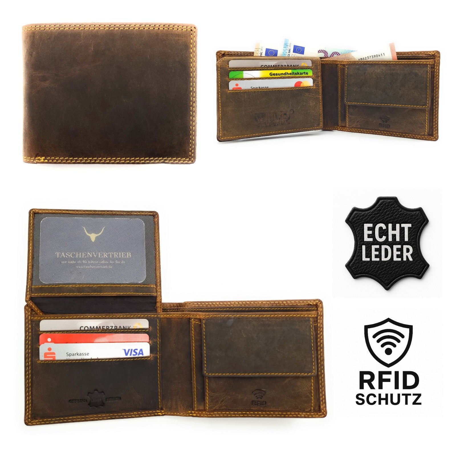 Hunterleder Portemonnaie Best Value Edition Querformat mit RFID-Schutz – 6 Kartenfächer, Münzfach, Doppelnaht, bestes Preis-Leistungs-Verhältnis