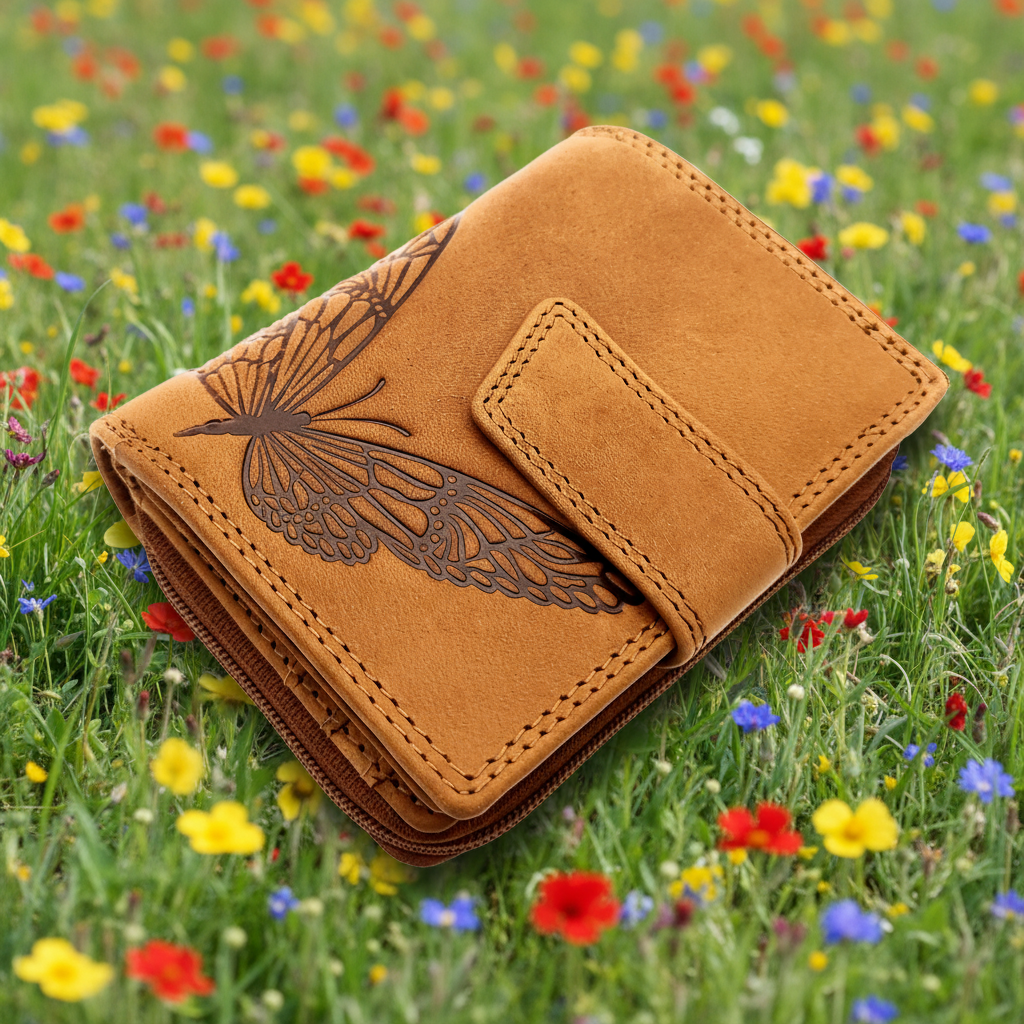 Jockey Club echt Leder Geldbörse Portemonnaie Geldbeutel Sauvage mit RFID Schutz Schmetterling braun