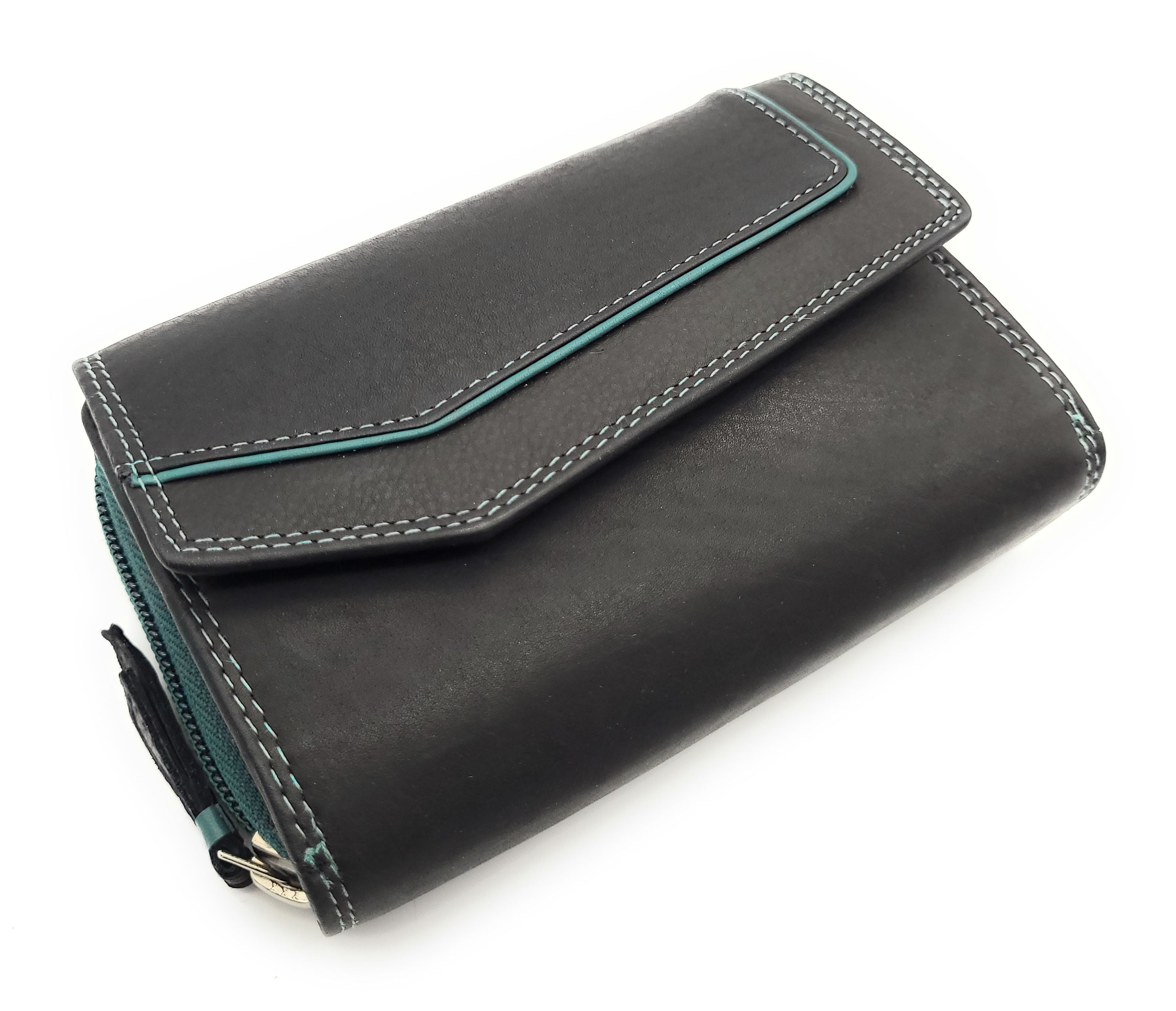 Jockey Club Leder-Geldbörse mit RFID-Schutz – Triangel-Design schwarz-petrol