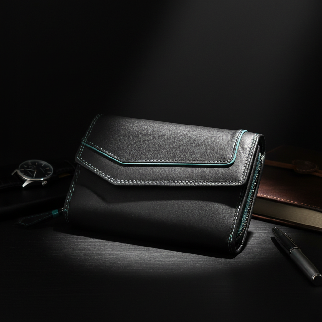 Jockey Club Leder-Geldbörse mit RFID-Schutz – Triangel-Design schwarz-petrol