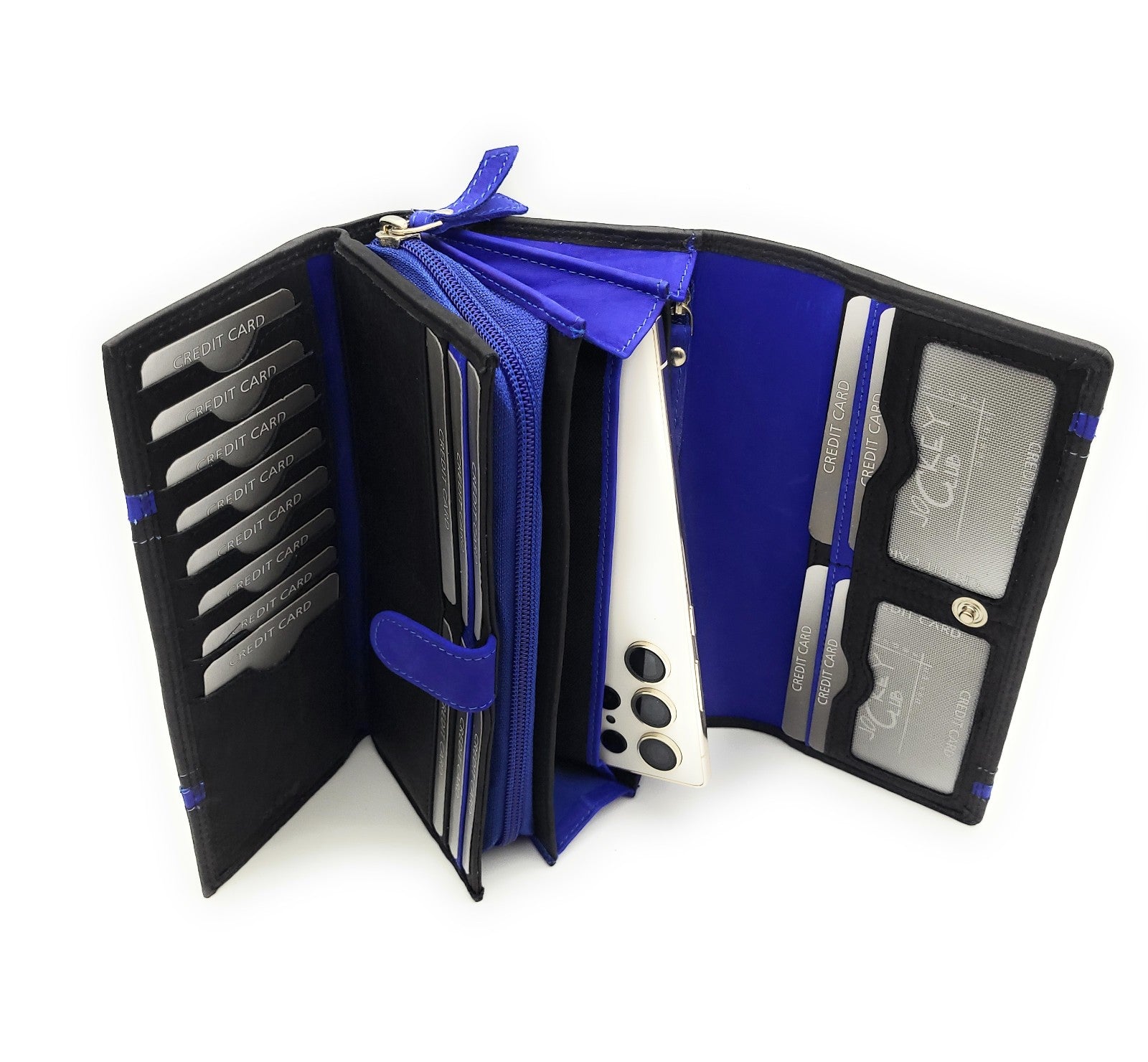 Jockey Club XL echt Leder Damen Geldbörse Portemonnaie 16 Kartenfächer mit RFID Schutz schwarz royalblau