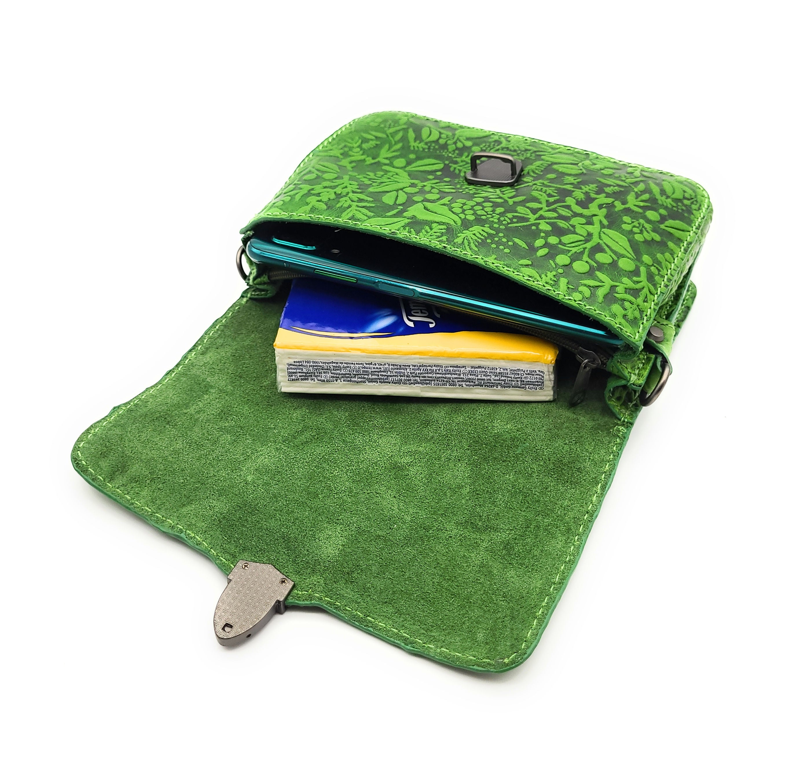 Hill Burry Damen Gürteltasche aus dickem Rindsleder – floral geprägt, 2 Hauptfächer, abnehmbarer Schultergurt