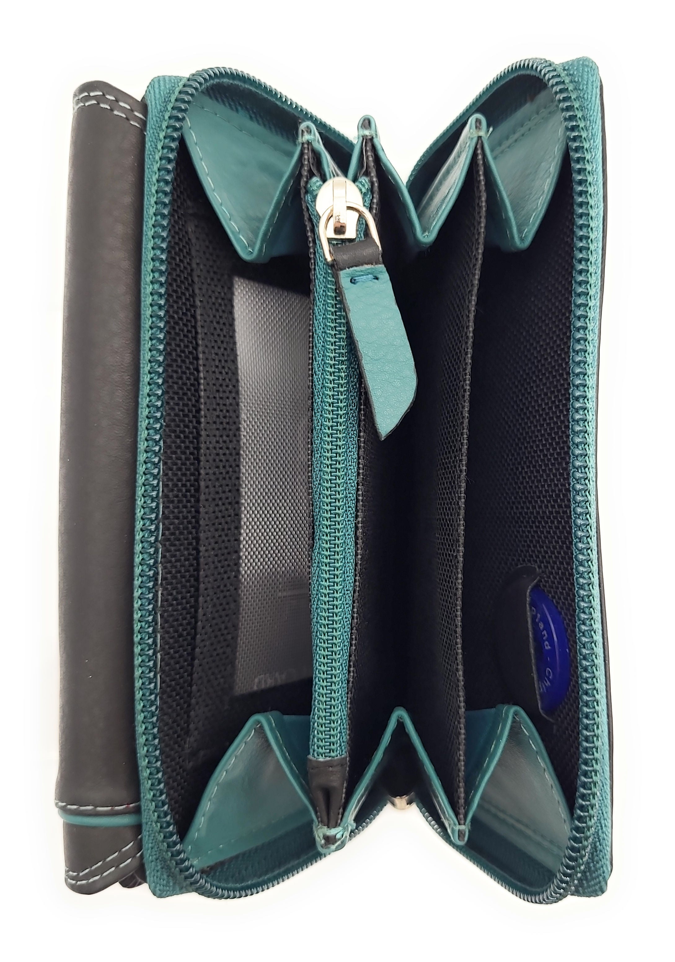 Jockey Club Leder-Geldbörse mit RFID-Schutz – Triangel-Design schwarz-petrol