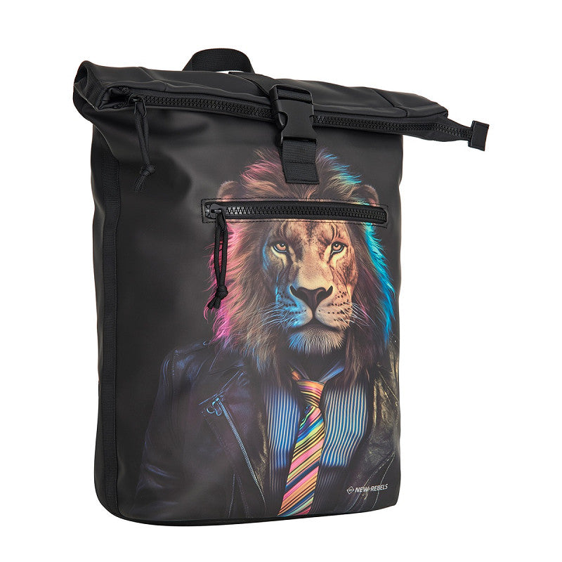 New Rebels New York Löwen Rucksack – Rolltop, wasserabweisend, 15" Laptopfach