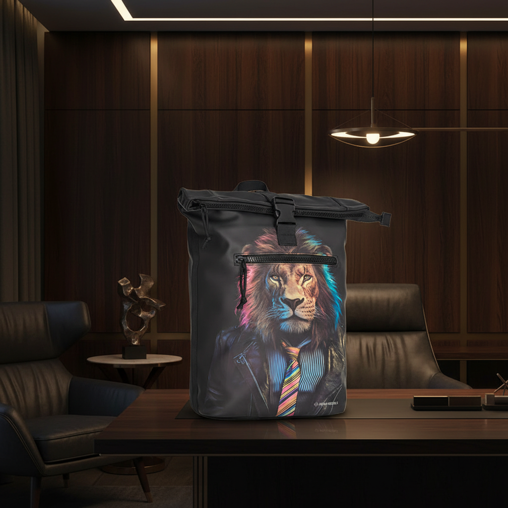 New Rebels New York Löwen Rucksack – Rolltop, wasserabweisend, 15" Laptopfach