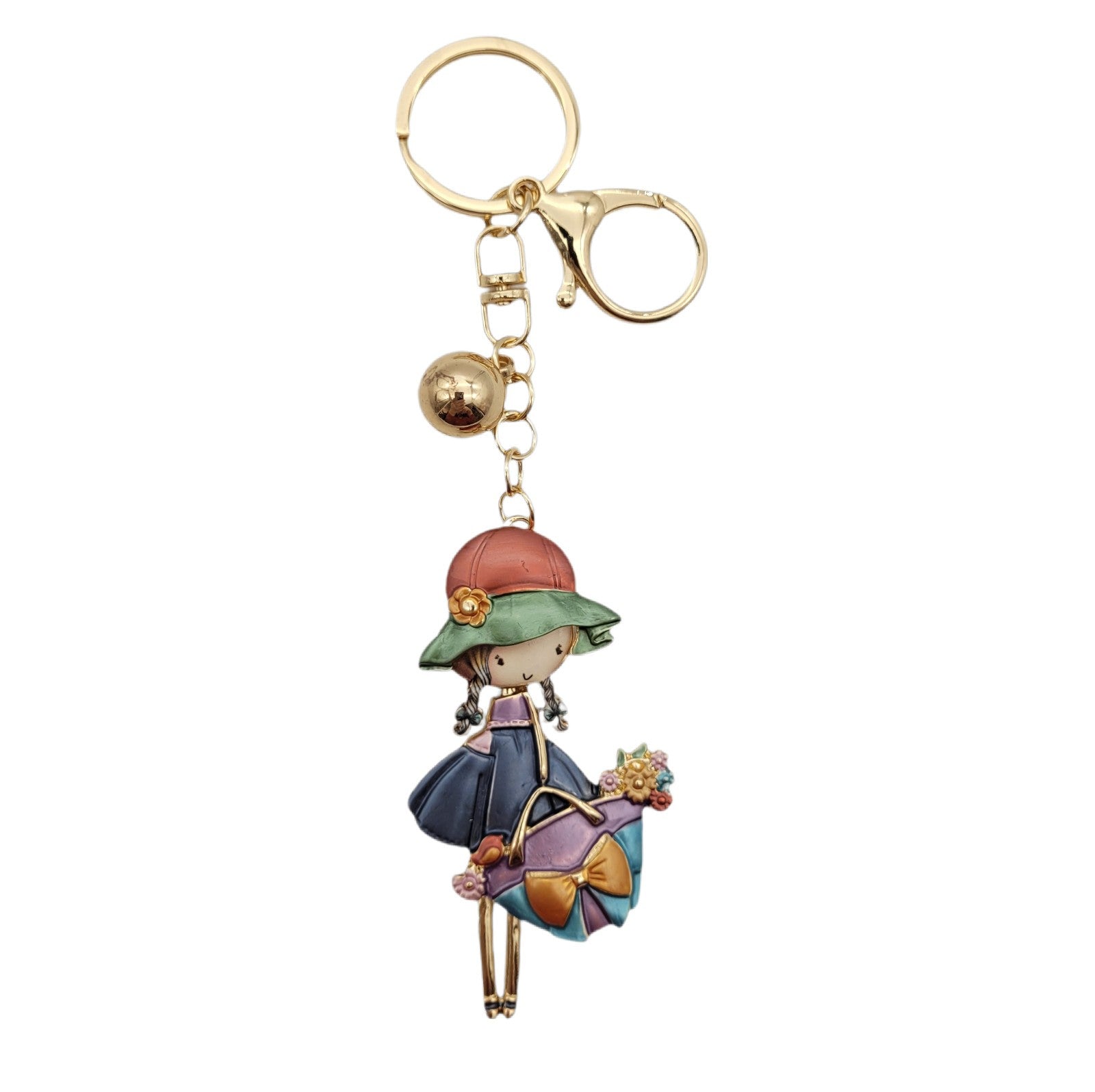 Taschenanhänger Schlüsselanhänger Mädchen Figur mit Hut und Blumenkorb - Metall Charm Gold - Handtaschenschmuck Accessoire für Damen