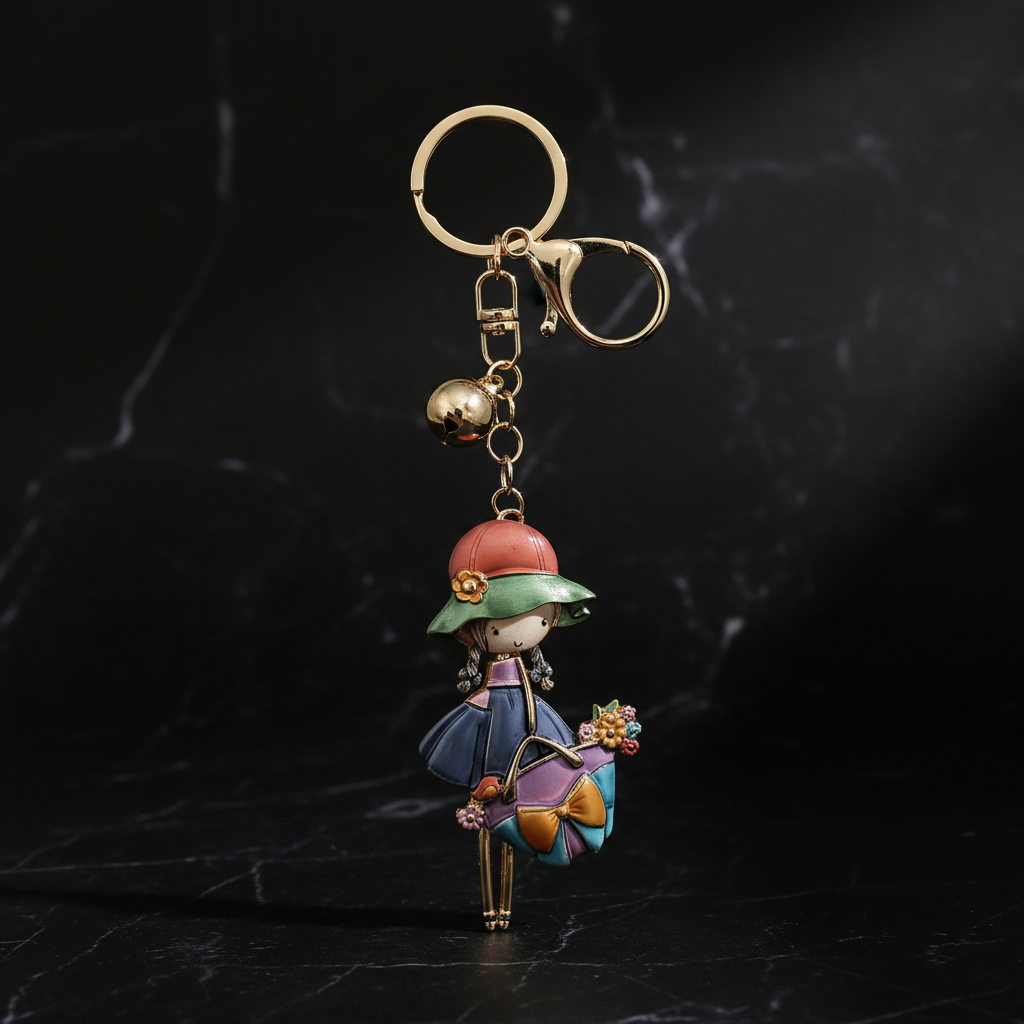 Taschenanhänger Schlüsselanhänger Mädchen Figur mit Hut und Blumenkorb - Metall Charm Gold - Handtaschenschmuck Accessoire für Damen