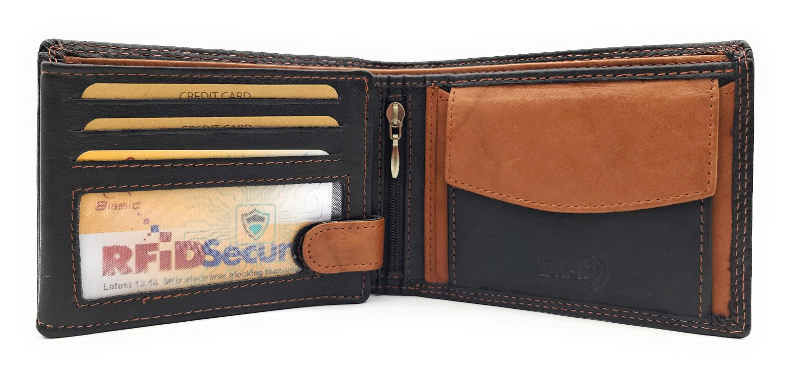 Jockey Club Basic Geldbörse aus Rindleder mit RFID-Schutz, Reißverschlussfach, 6 Kartenfächern, 2 Sicht- & 2 Einsteckfächern, Münzfach & Doppelnaht schwarz braun