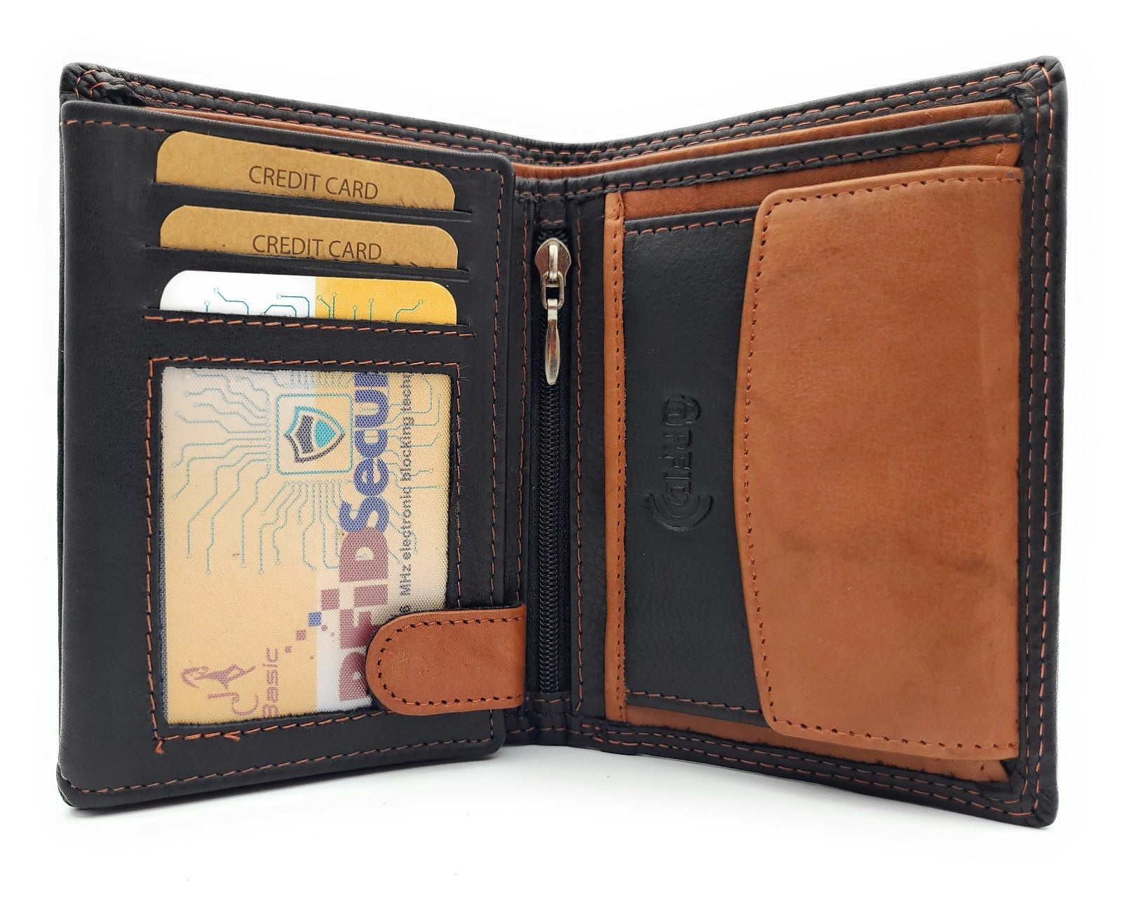 Jockey Club Basic Geldbörse aus Rindleder mit RFID-Schutz, Reißverschlussfach, 6 Kartenfächern, 2 Sicht- & 2 Einsteckfächern, Münzfach & Doppelnaht schwarz braun
