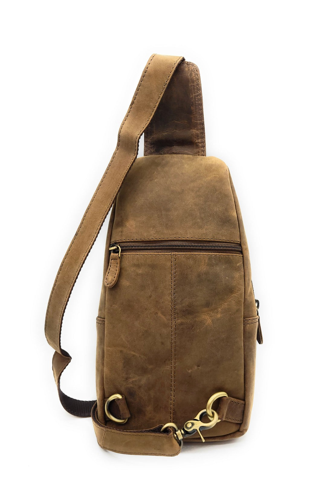 Leatherfox Slingbag aus echtem Hunterleder – mittelgroße Unisex-Umhängetasche mit 2 Fronttaschen, verstellbarem Gurt & karierter Innenausstattung