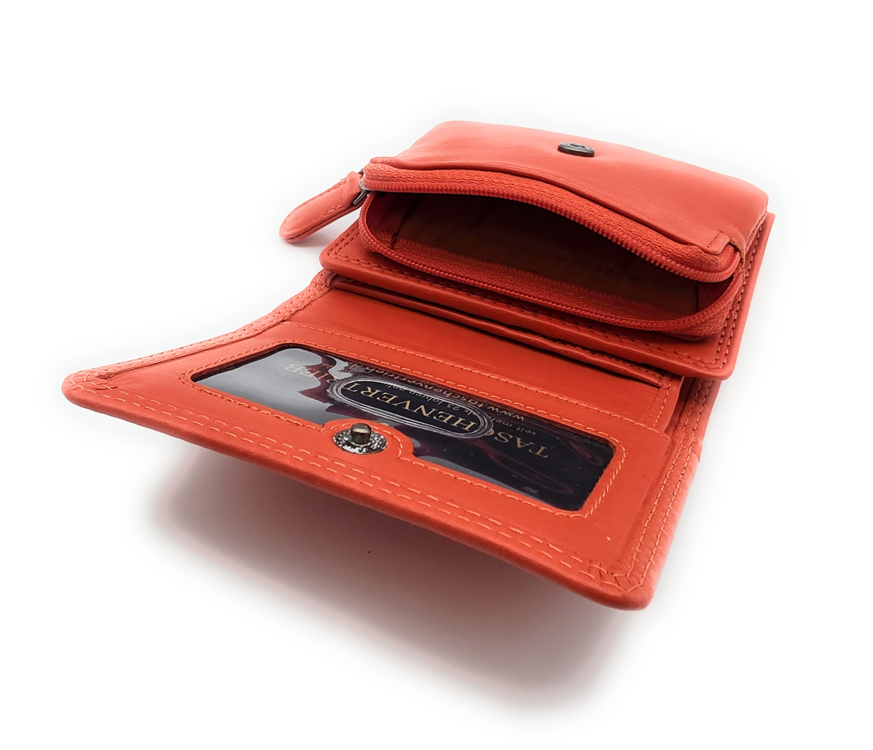 Lemasi Damen Geldbörse Nappaleder Orange – RFID Schutz, 8 Kartenfächer, Druckknopf