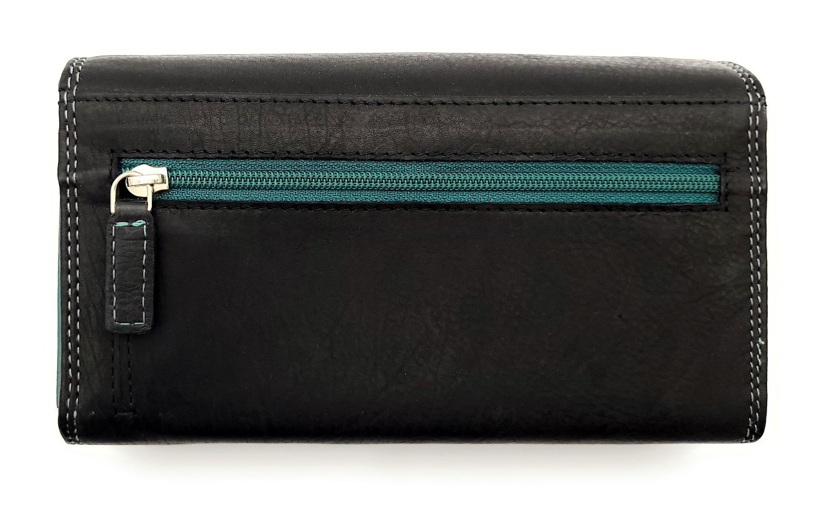 Jockey Club Echt Leder Damen Geldbörse RFID Schutz – Portemonnaie Bicolor Schwarz/Petrol – Viele Fächer, Druckknopf, Reißverschluss, großes Münzfach