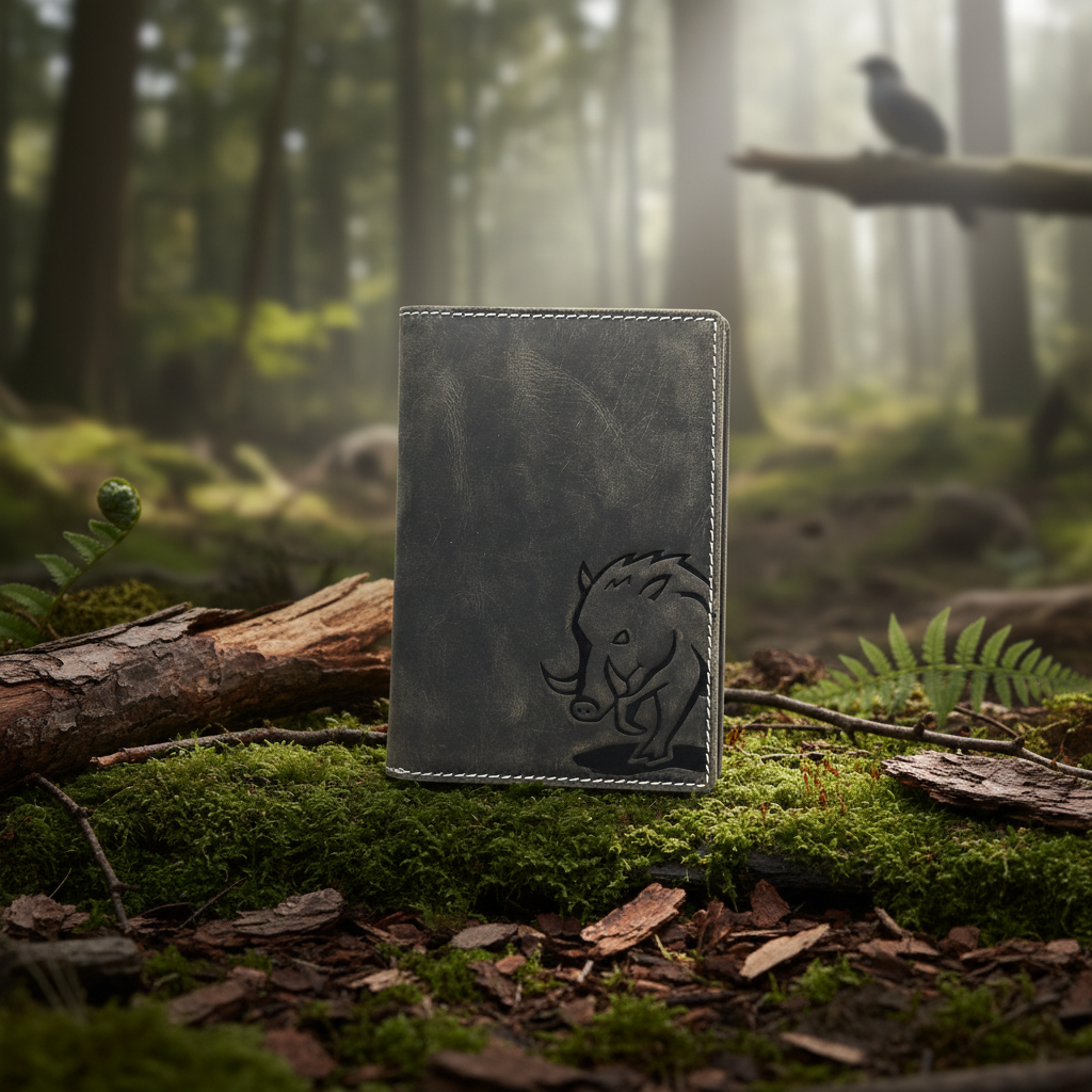 Jockey Club echt Leder Passhülle Etui Hülle Dokumenten Mappe Wildsau Wildschwein duo grau