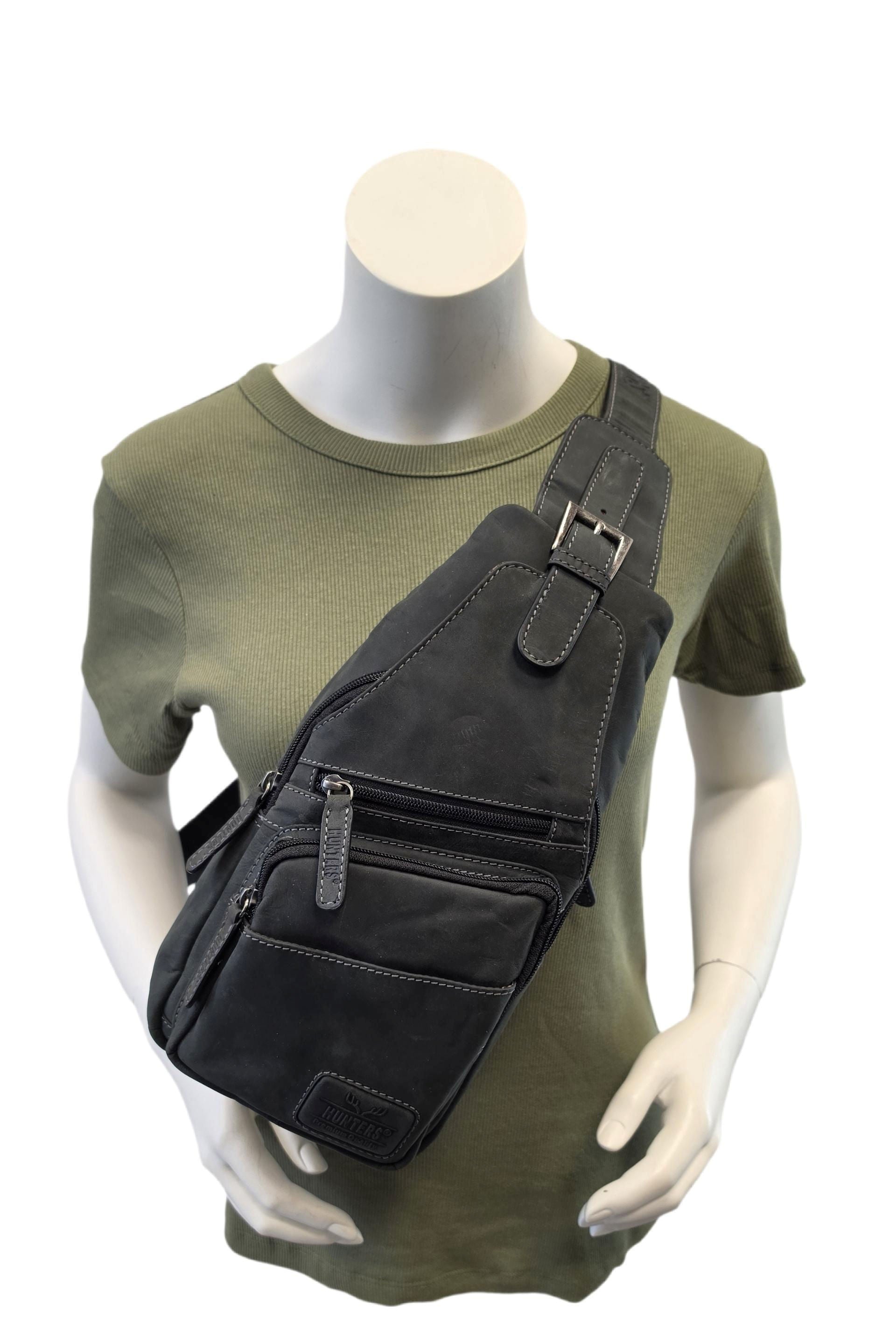 Hunters Crossbag Slingbag aus echtem Hunterleder – Vintage-Umhängetasche mit Platz für 0,33L Wasserflasche & Tablet