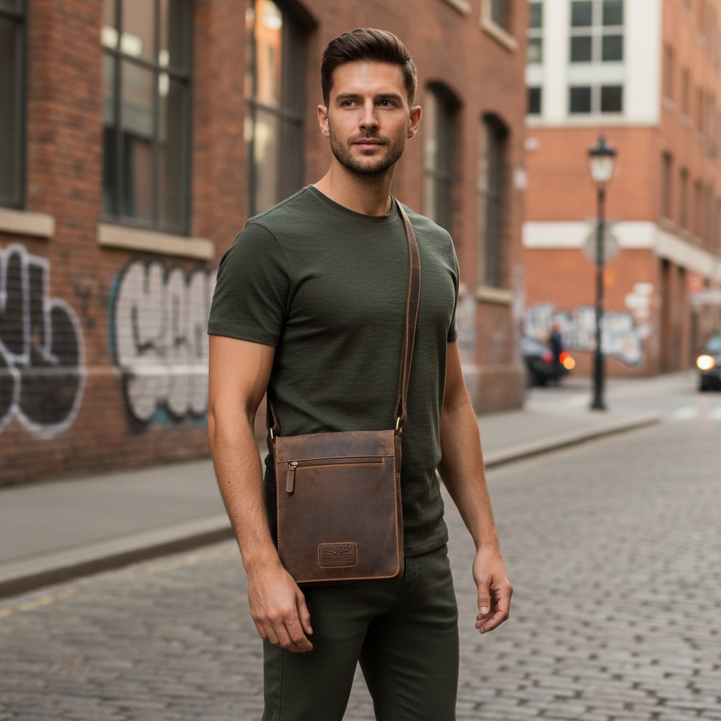 Hunters Umhängetasche Herren – Echtleder Vintage Braun, Messenger Bag mit Überschlag