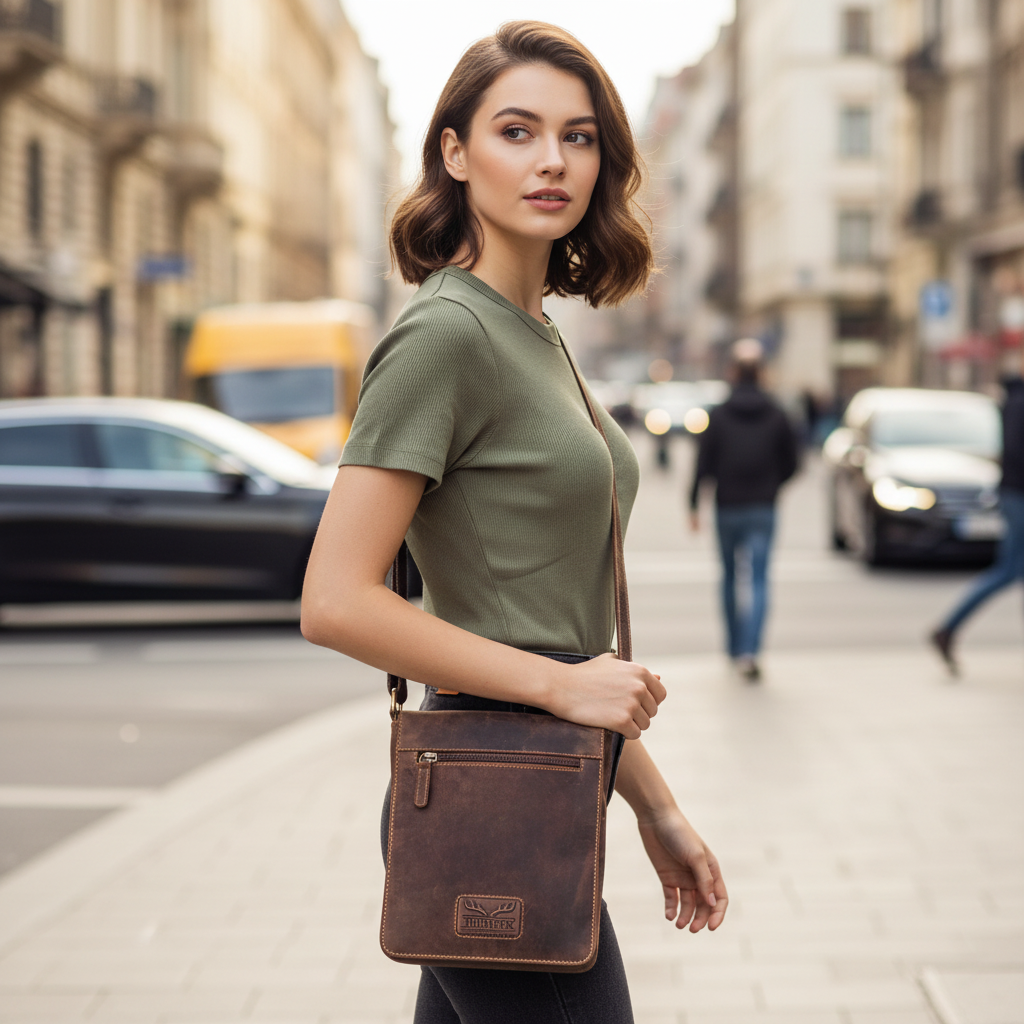 Hunters Umhängetasche Herren – Echtleder Vintage Braun, Messenger Bag mit Überschlag
