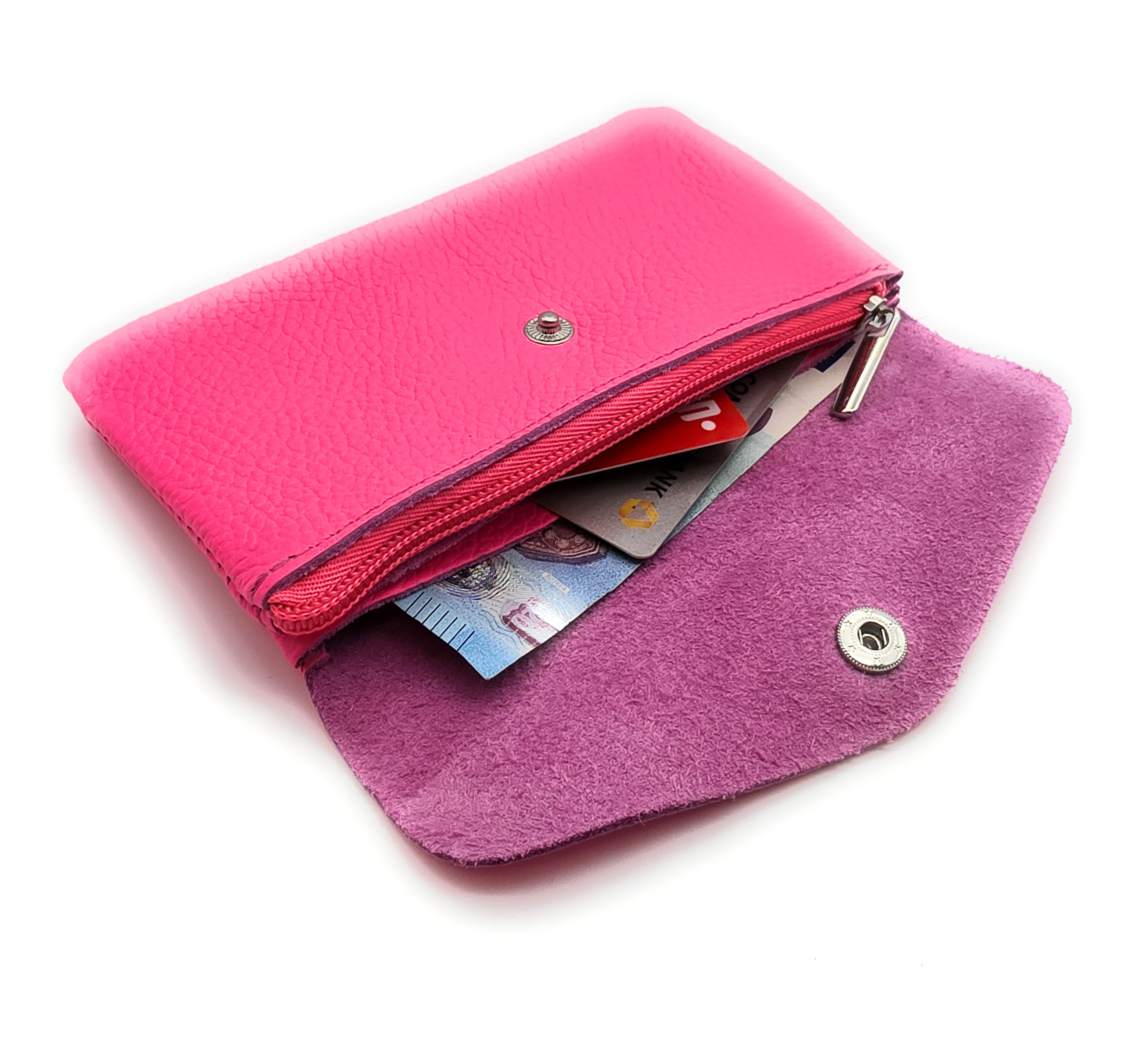 Geldbörse aus echtem Rindleder – kompaktes Leder Portemonnaie Made in Italy neonpink