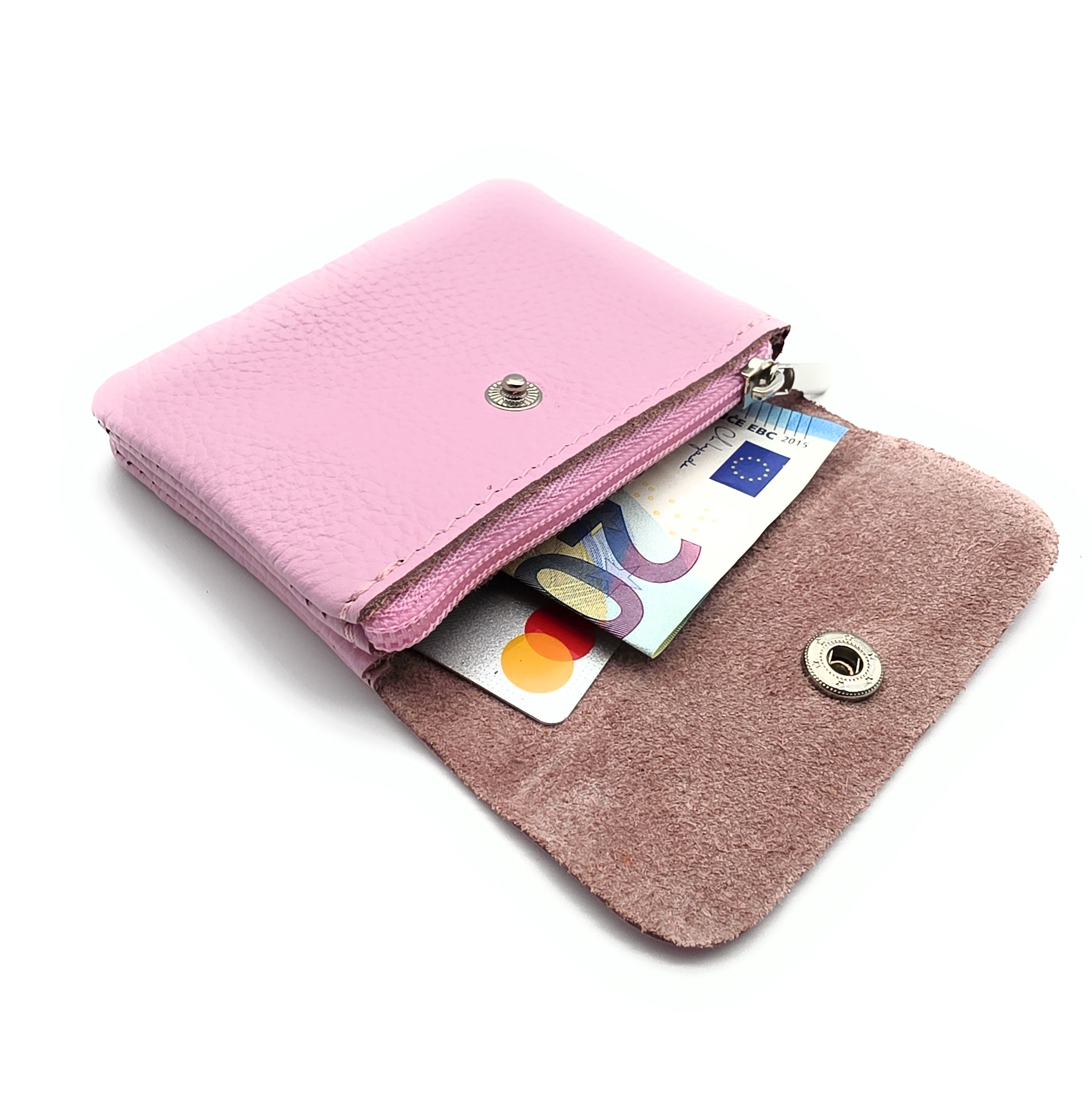 Mini Geldbörse aus echtem Rindleder – kompaktes Leder Portemonnaie Made in Italy rosa